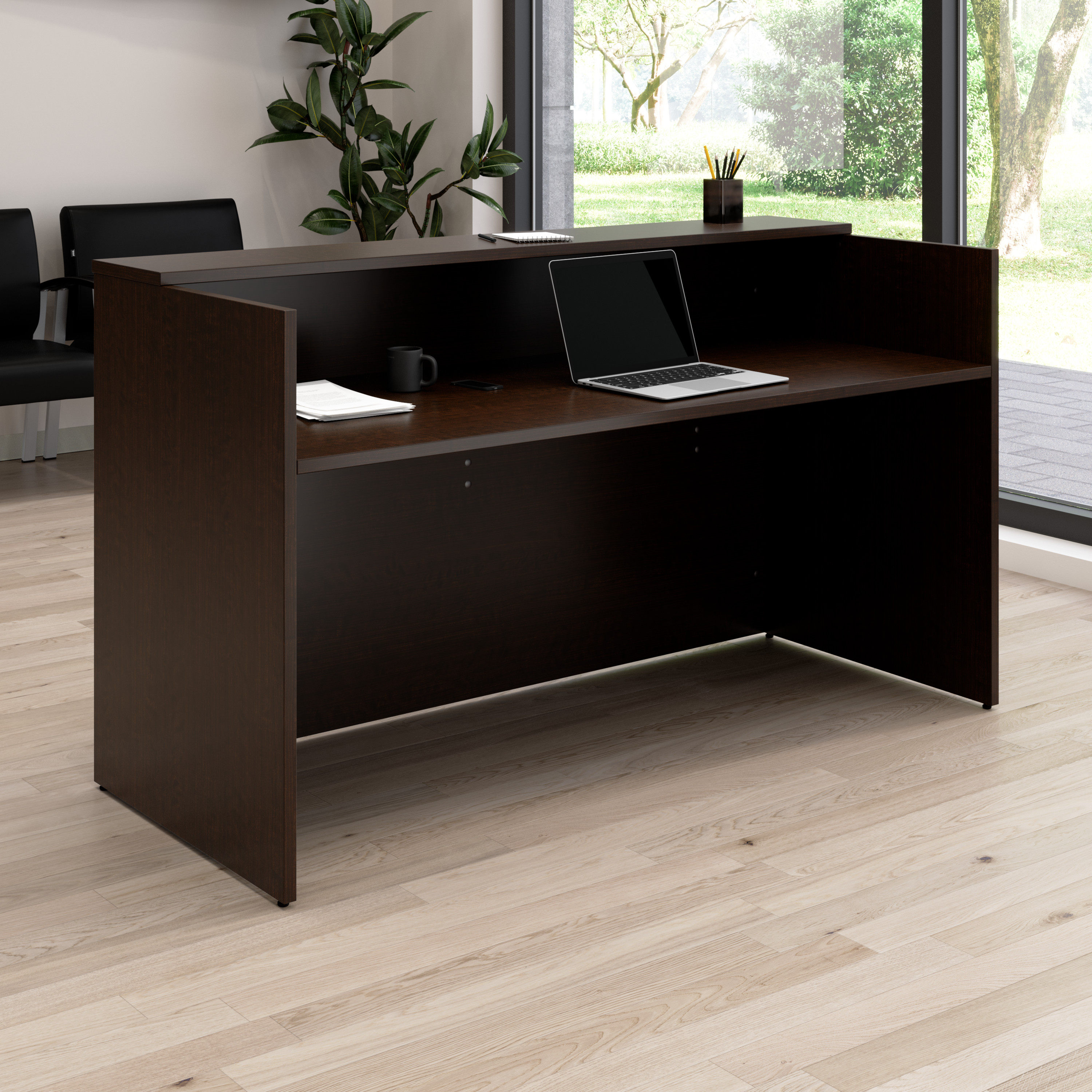 Shop Bush Business Furniture Arrive 72W x 30D Reception Desk with Shelf 01 AVD172MRK #color_mocha cherry