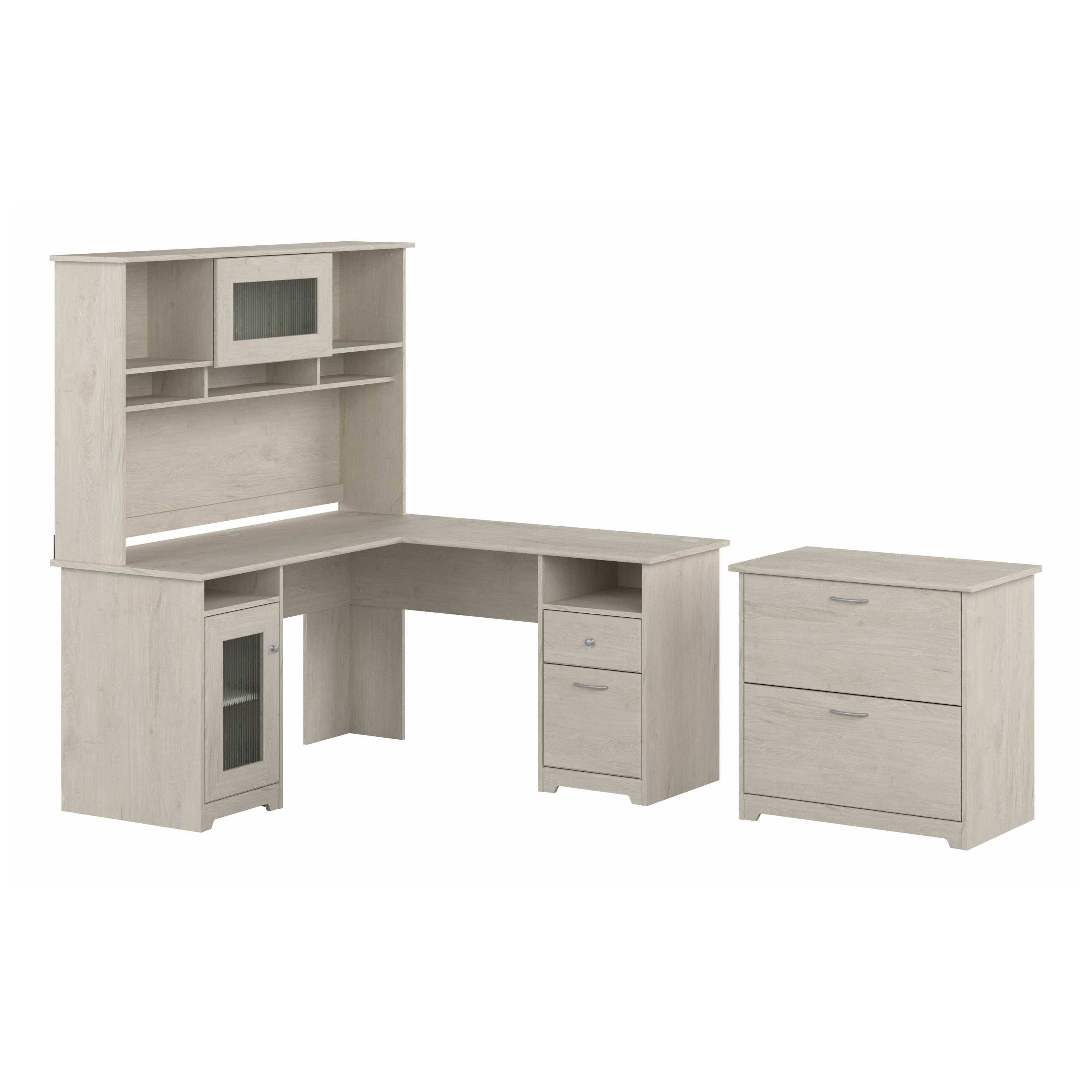 Shop Bush Furniture Cabot 60W L Shaped Computer Desk with Hutch and Lateral File Cabinet 02 CAB005LW #color_linen white oak