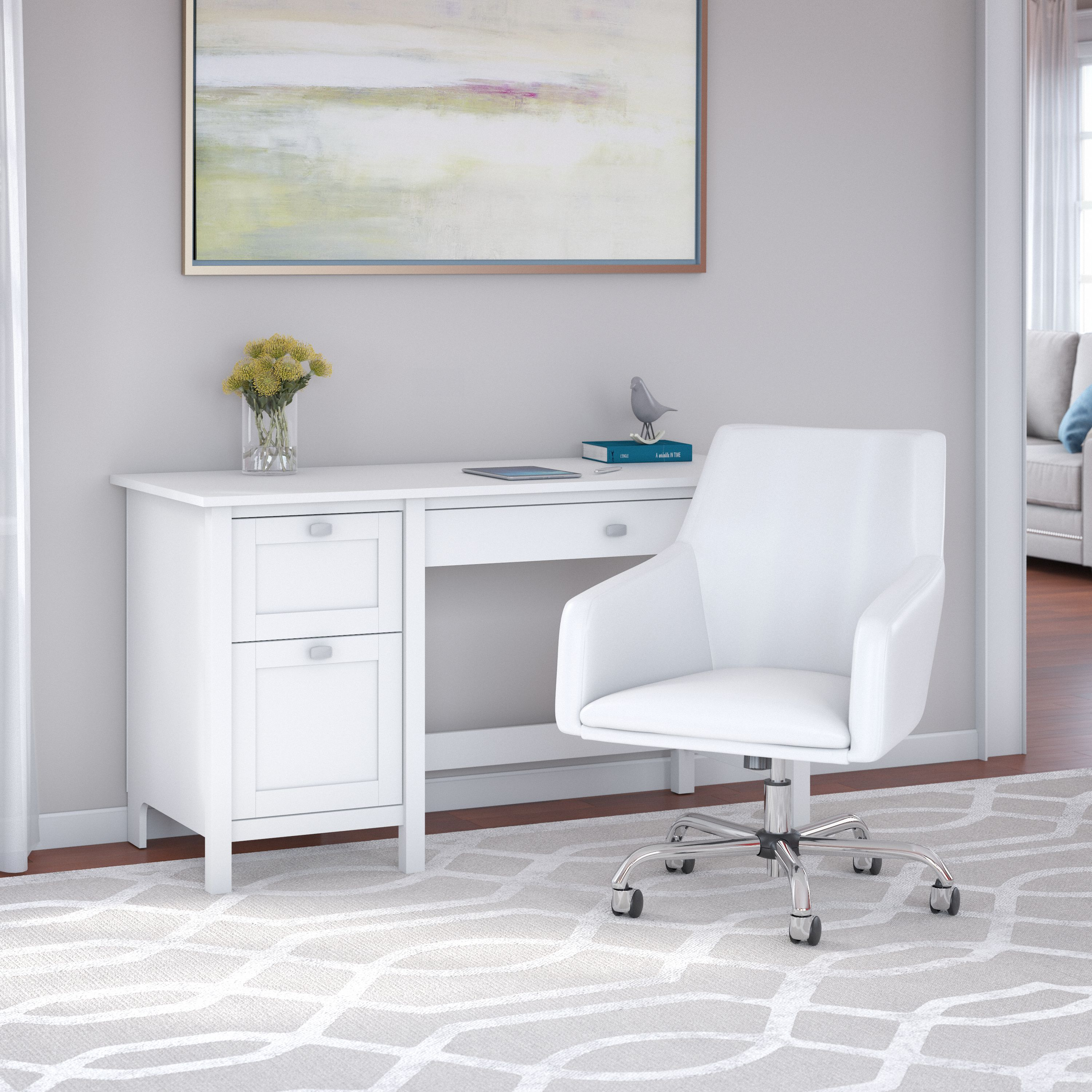 Shop Bush Furniture Broadview 54W Computer Desk and Chair Set 01 BD021WH #color_pure white