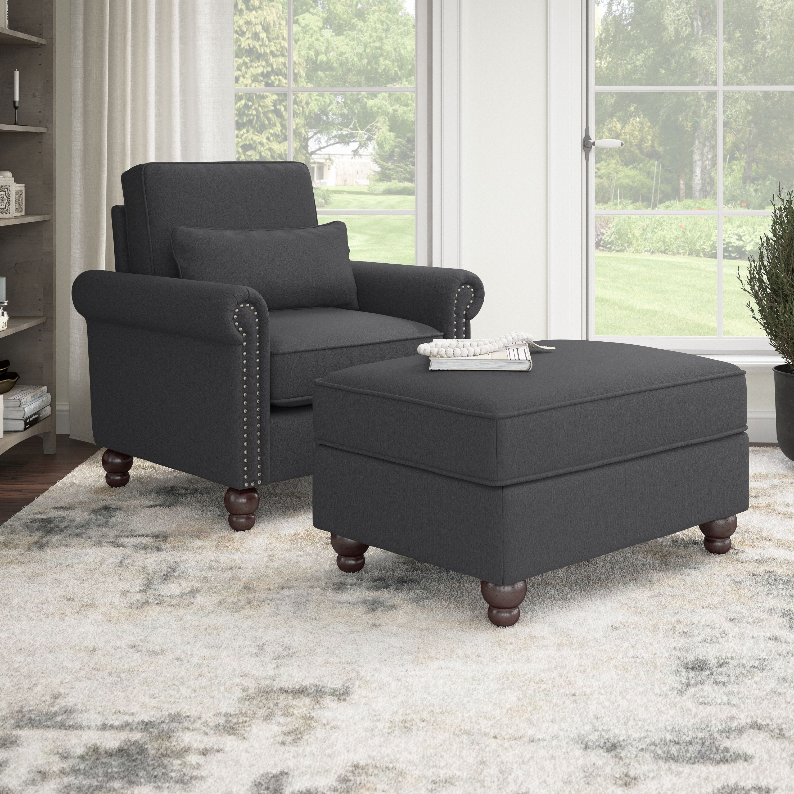Shop Bush Furniture Coventry Accent Chair with Ottoman Set 01 CVN010CGH #color_charcoal gray herringbone fabr