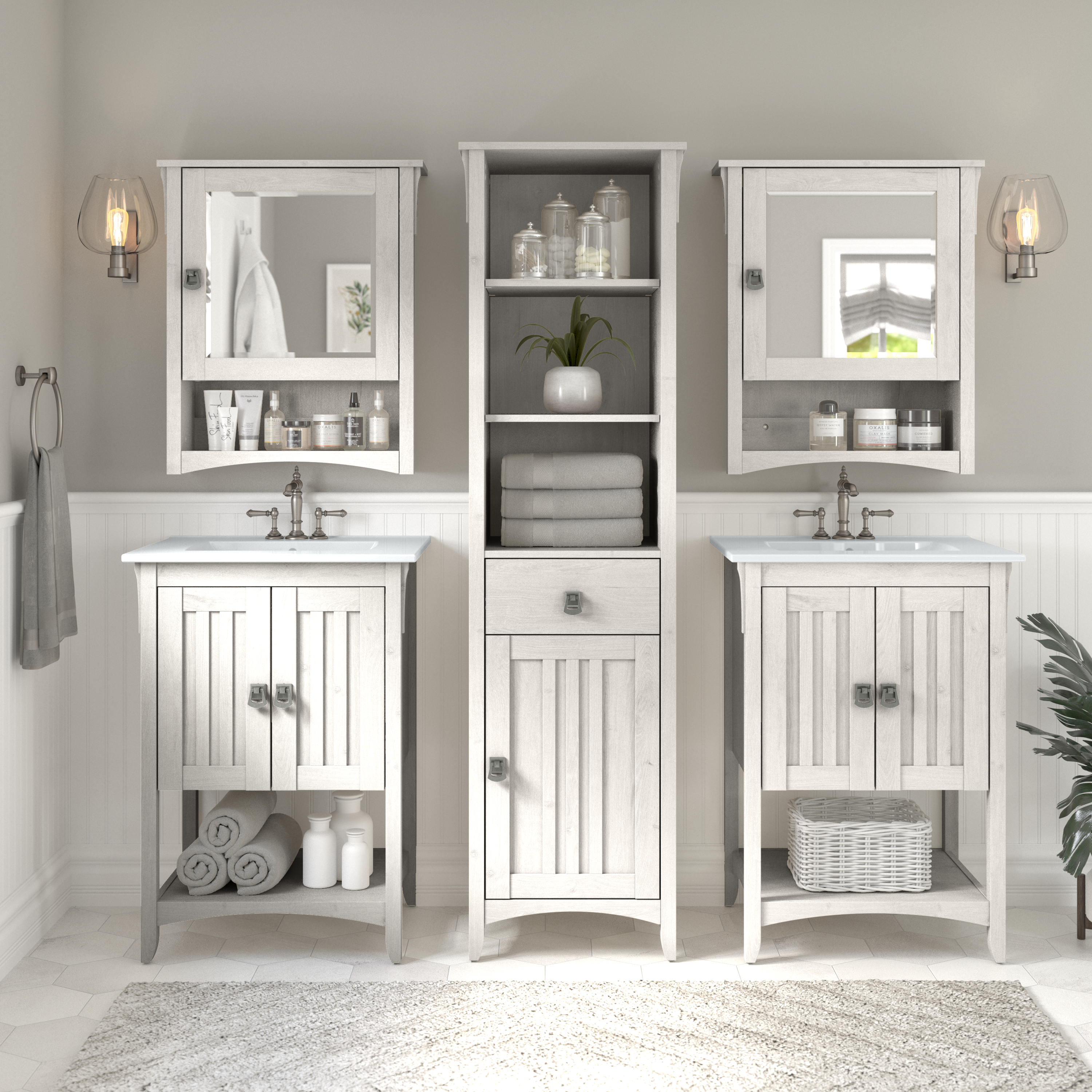 Shop Bush Furniture Salinas Tall Bathroom Storage Cabinet 08 SAS168LW-03 #color_linen white oak