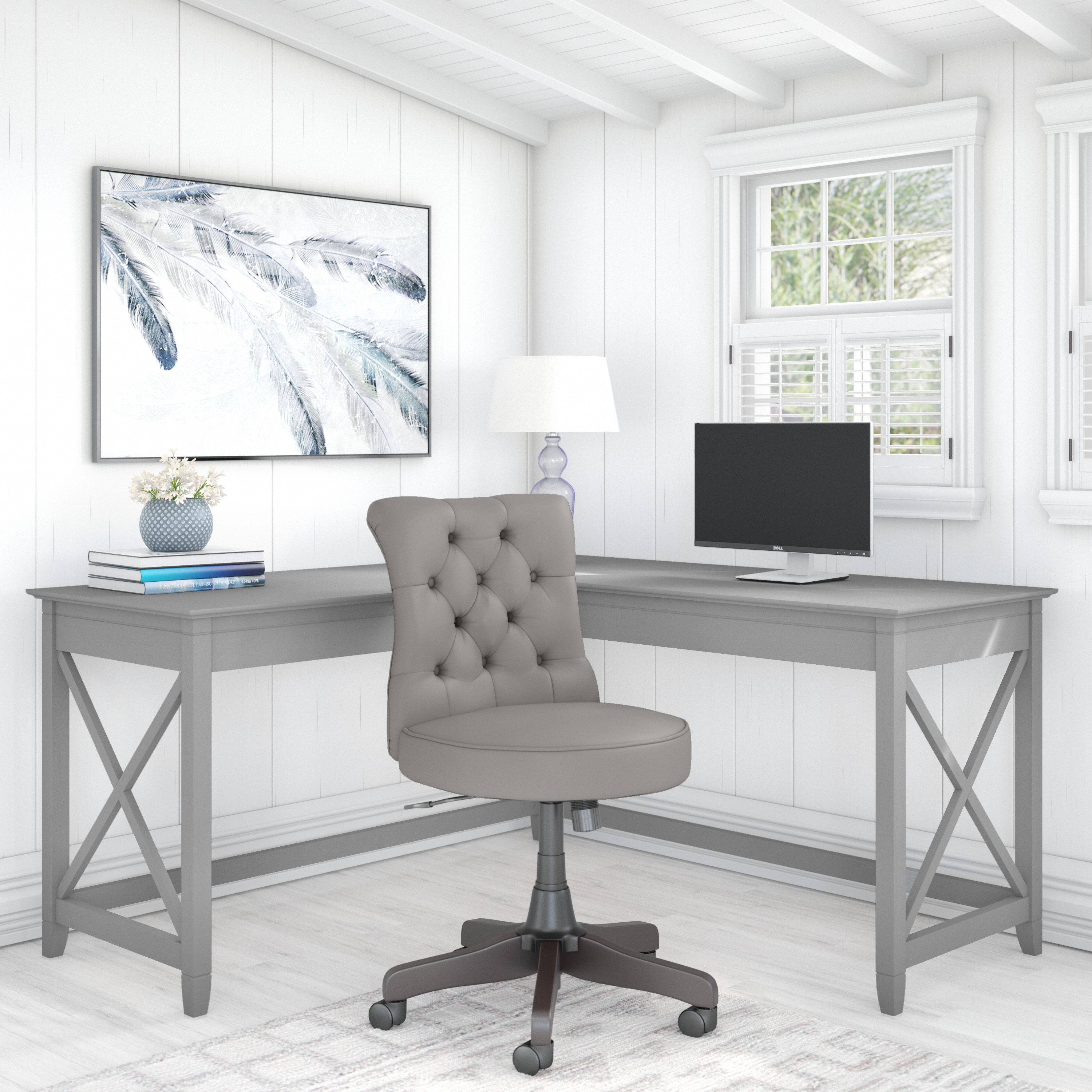 Shop Bush Furniture Key West 60W L Shaped Desk with Mid Back Tufted Office Chair 01 KWS045CG #color_cape cod gray