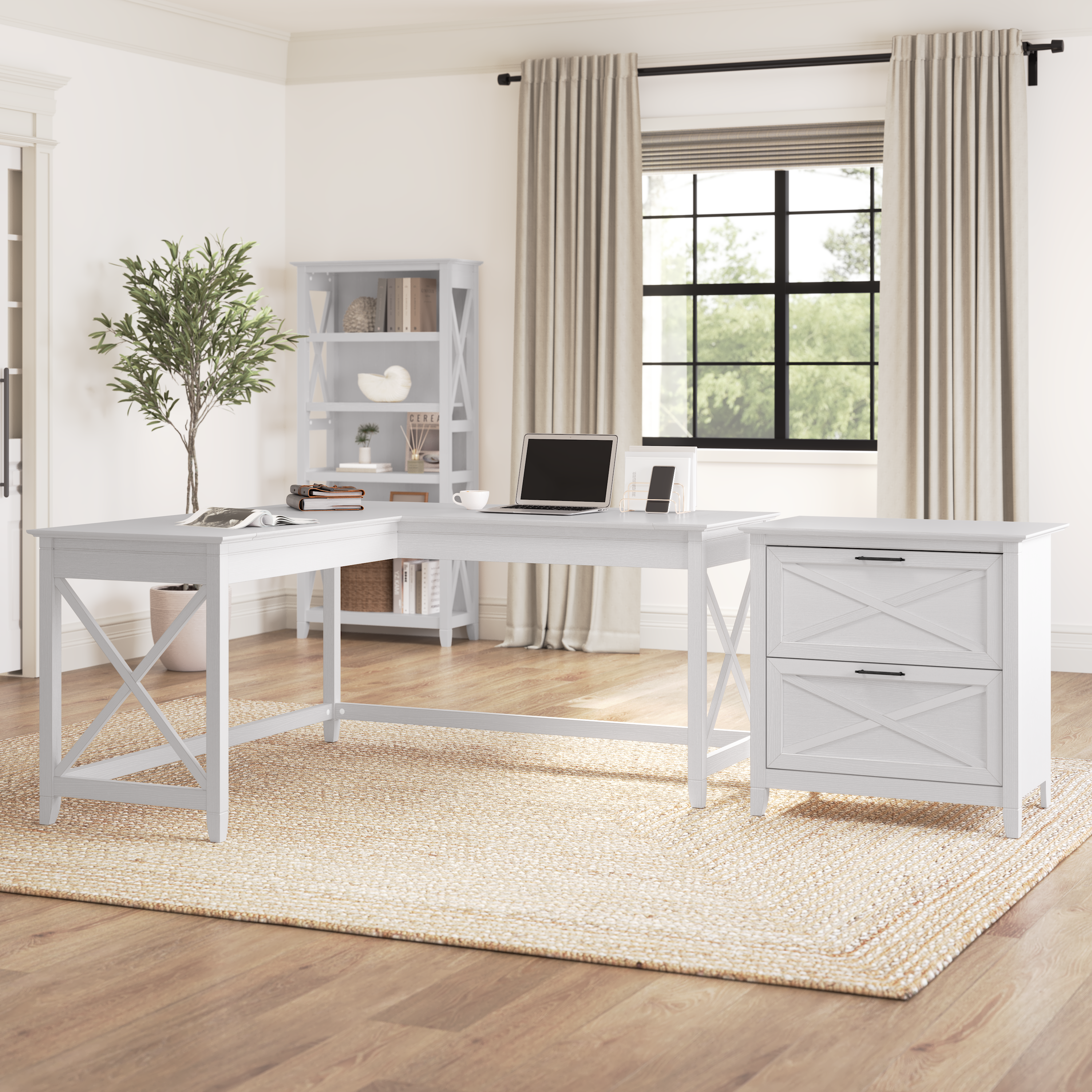 Shop Bush Furniture Key West 60W L Shaped Desk with 2 Drawer Lateral File Cabinet 01 KWS014WT #color_pure white oak