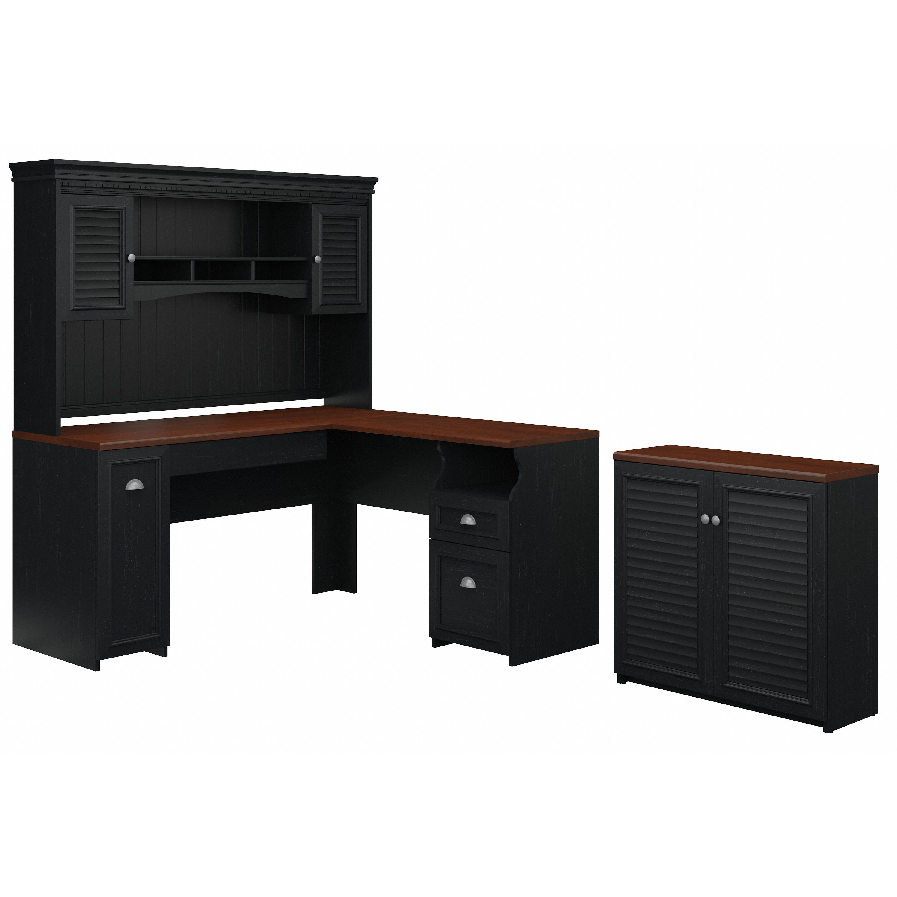 Shop Bush Furniture Fairview 60W L Shaped Desk with Hutch and Small Storage Cabinet 02 FV012AB #color_antique black
