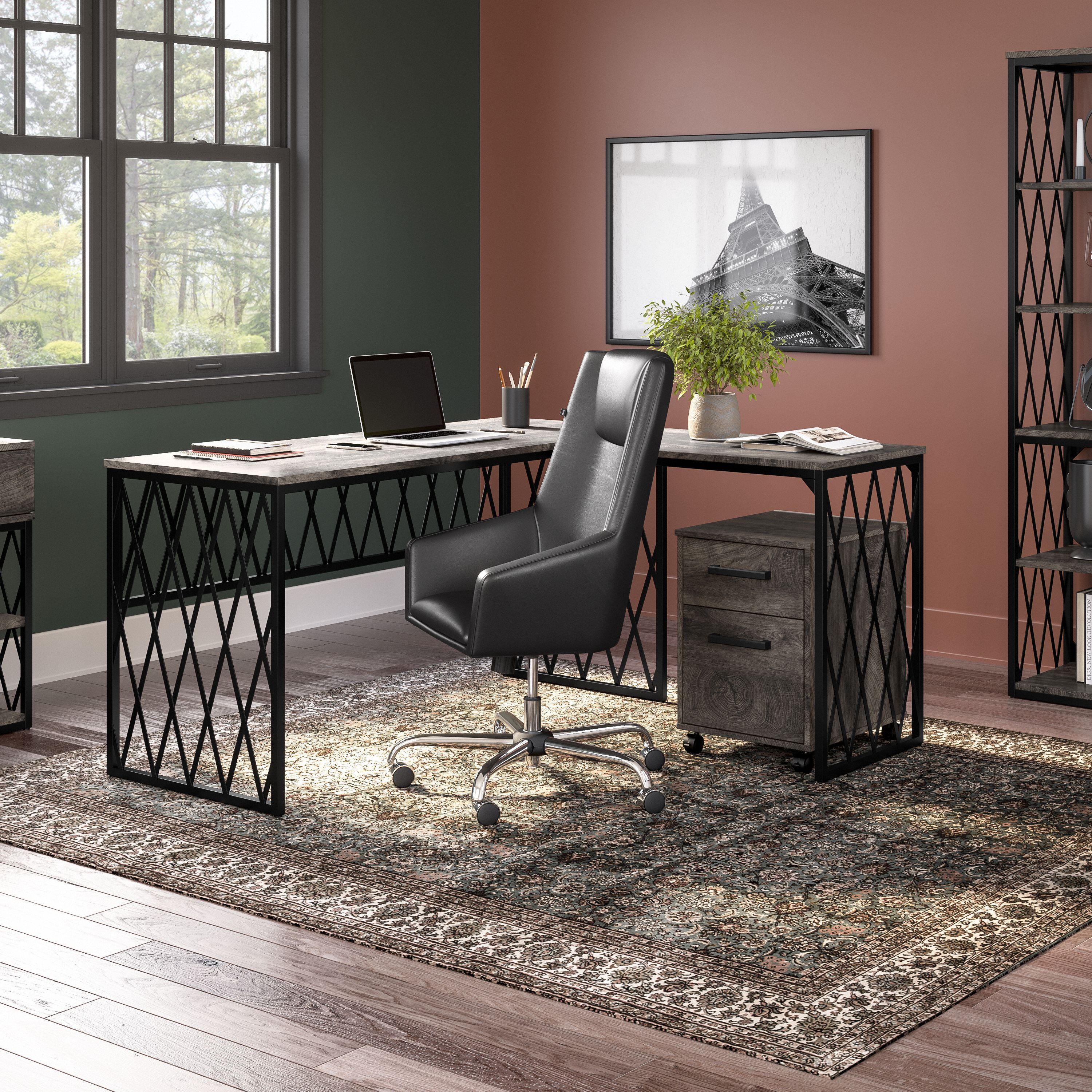 Shop Bush Furniture City Park 60W Industrial L Shaped Desk with Mobile File Cabinet 01 CPK005GH #color_dark gray hickory