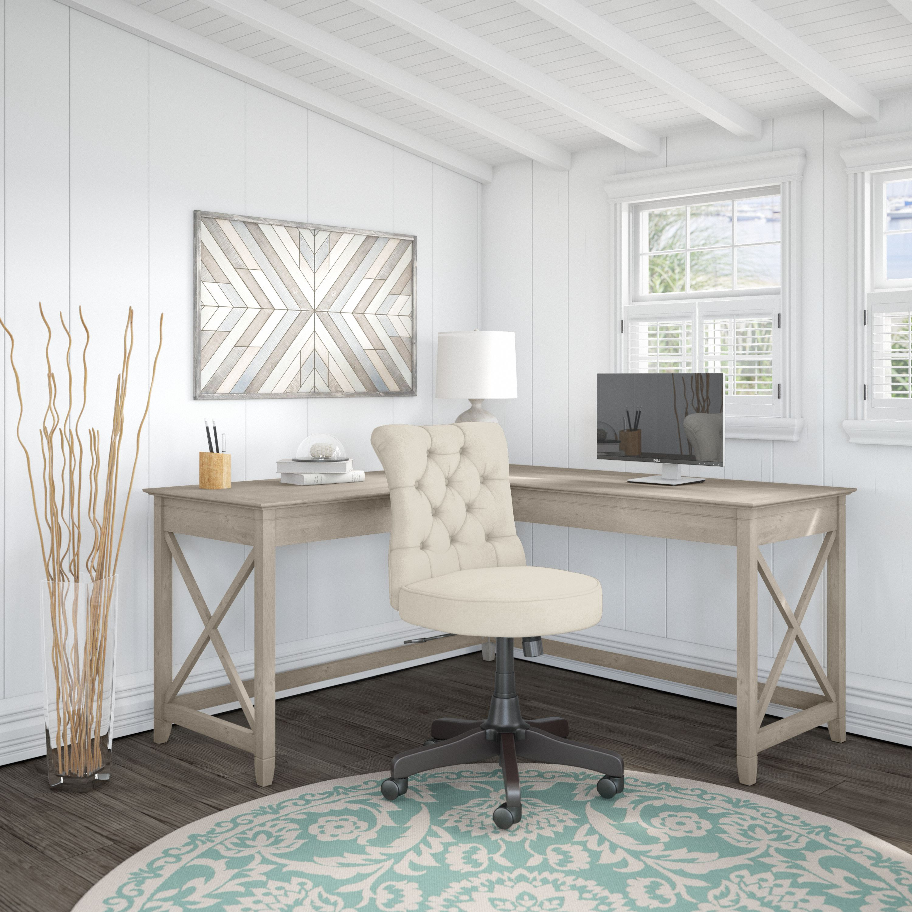 Shop Bush Furniture Key West 60W L Shaped Desk with Mid Back Tufted Office Chair 01 KWS045WG #color_washed gray