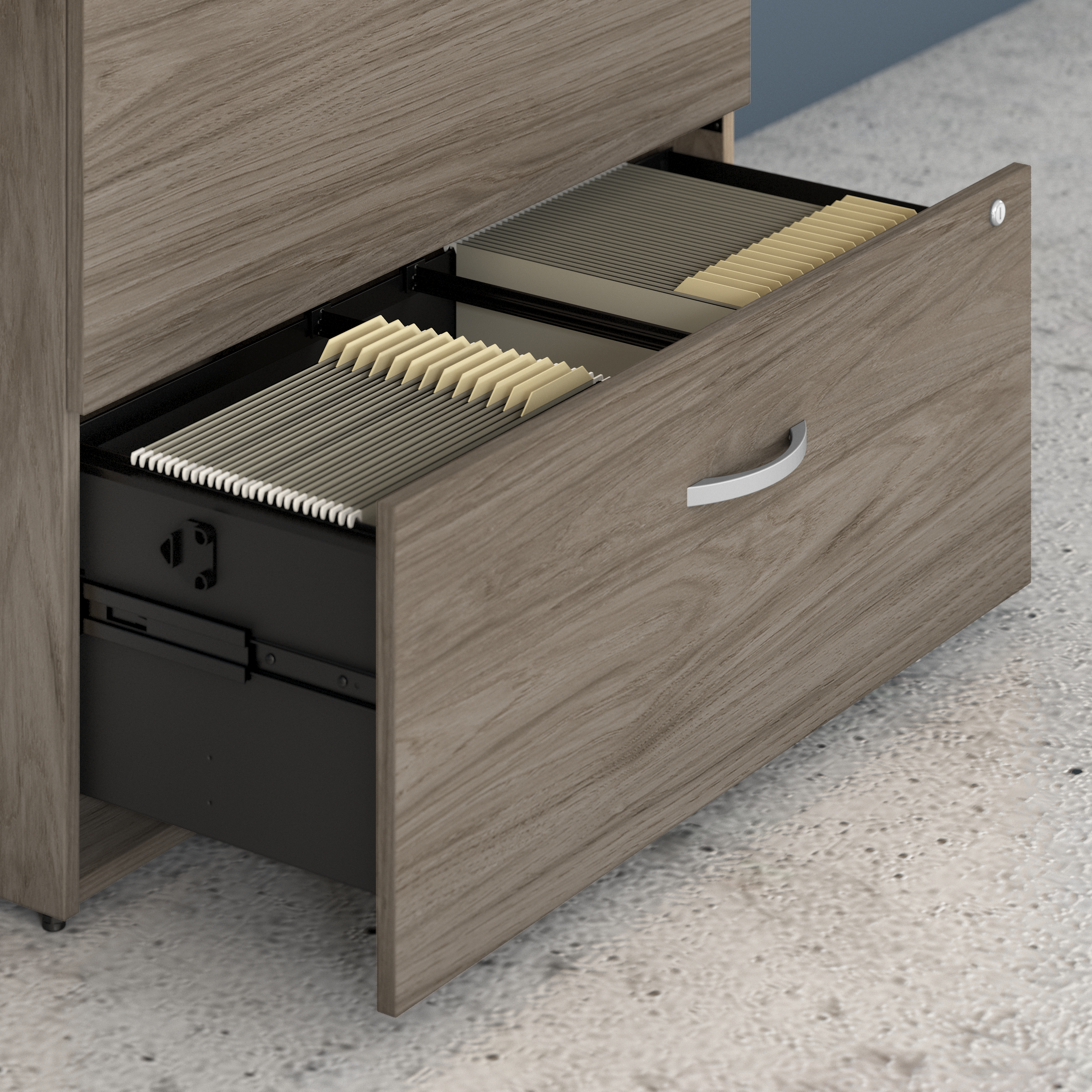 Shop Bush Business Furniture Hybrid 2 Drawer Lateral File Cabinet with Shelves 04 HYB018MHSU #color_modern hickory