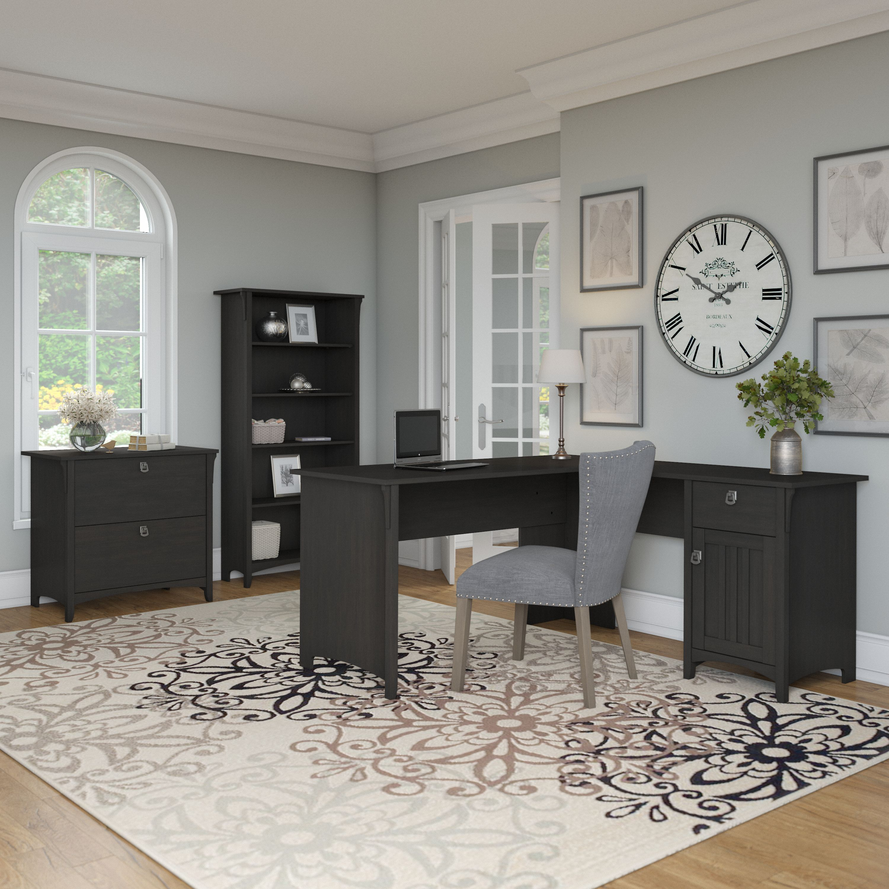 Shop Bush Furniture Salinas 60W L Shaped Desk with Lateral File Cabinet and 5 Shelf Bookcase 01 SAL003VB #color_vintage black