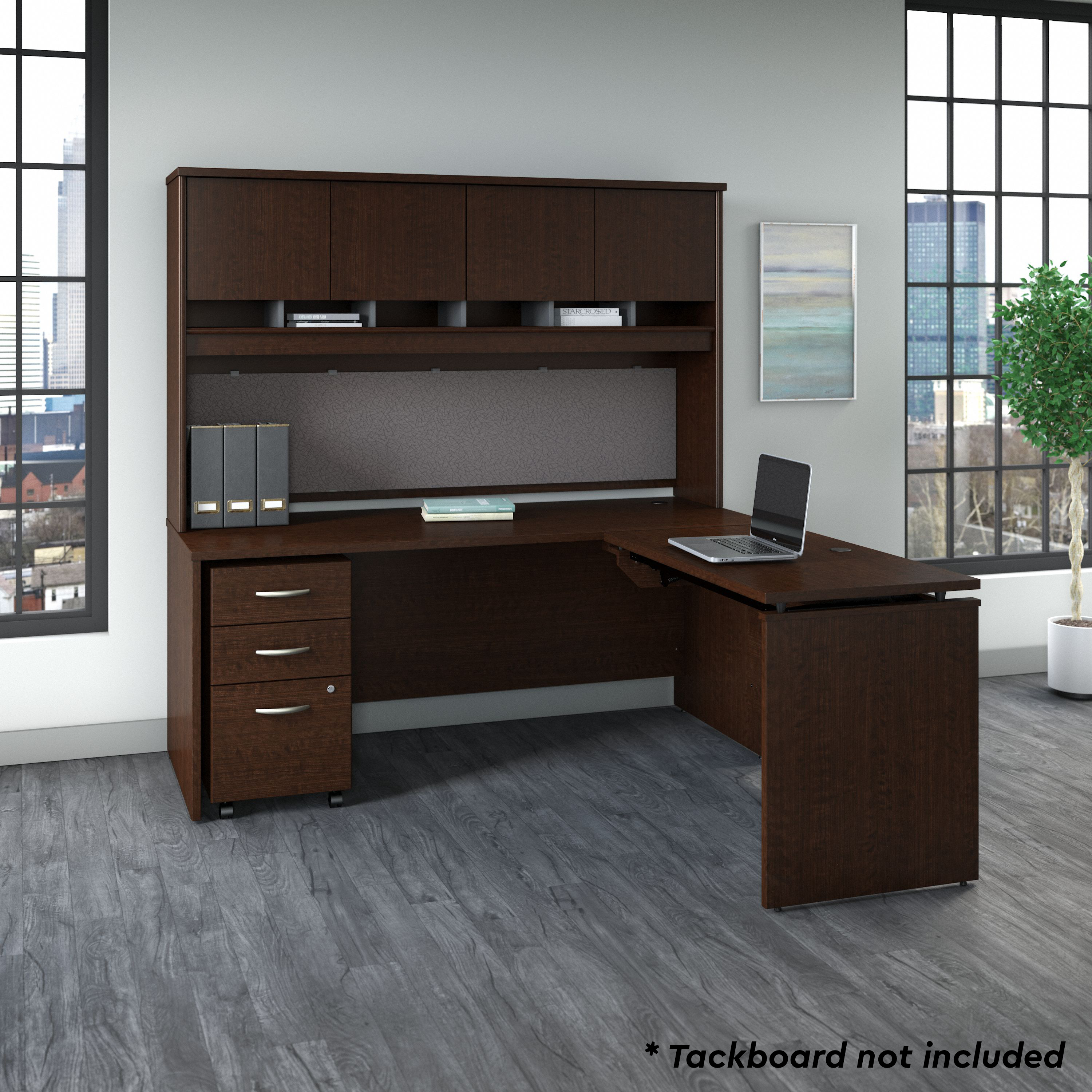 Shop Bush Business Furniture Series C 72W x 30D 3 Position Sit to Stand L Shaped Desk with Hutch and Mobile File Cabinet 06 SRC124MRSU #color_mocha cherry