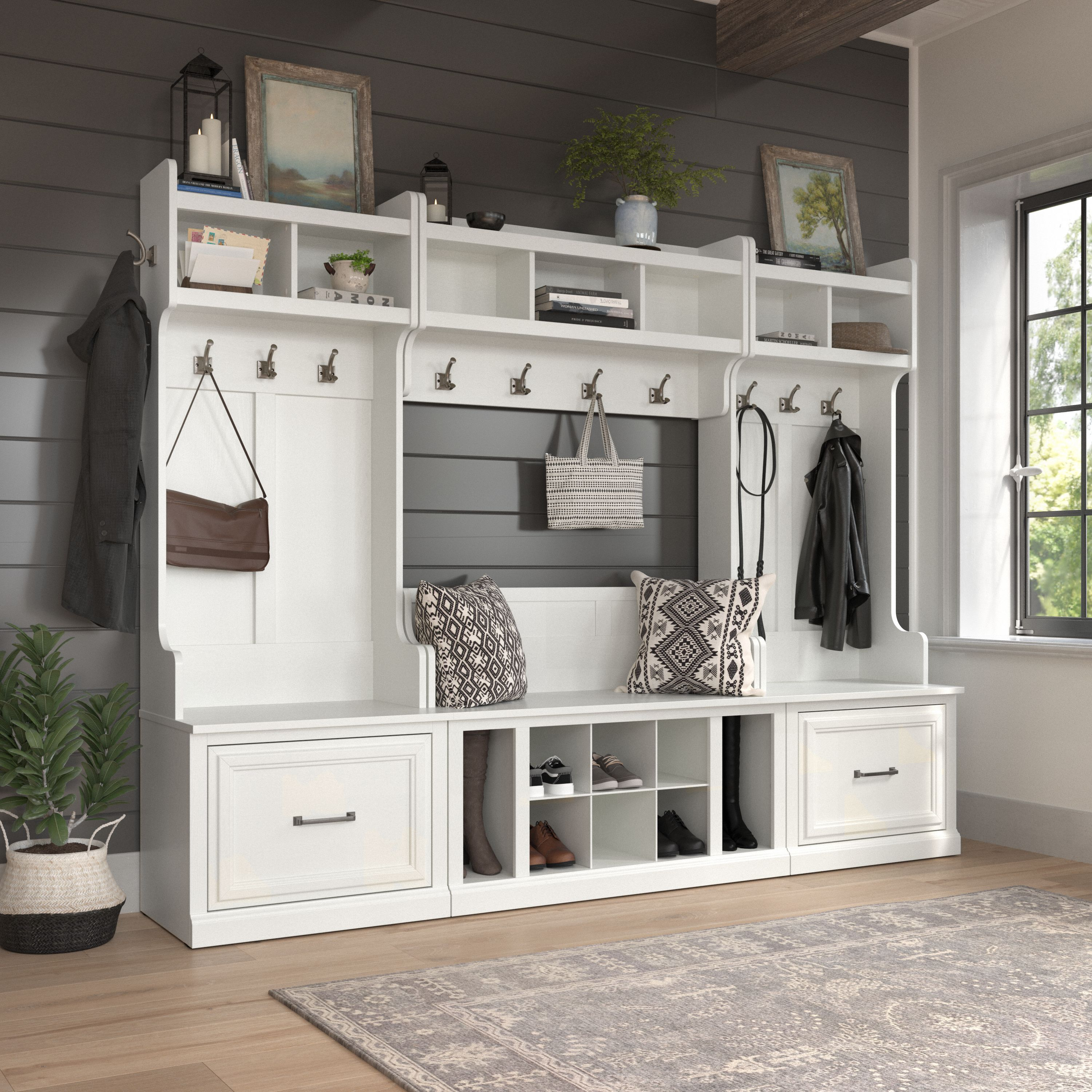 Shop Bush Furniture Woodland Full Entryway Storage Set with Coat Rack and Shoe Bench with Drawers 01 WDL014WAS #color_white ash