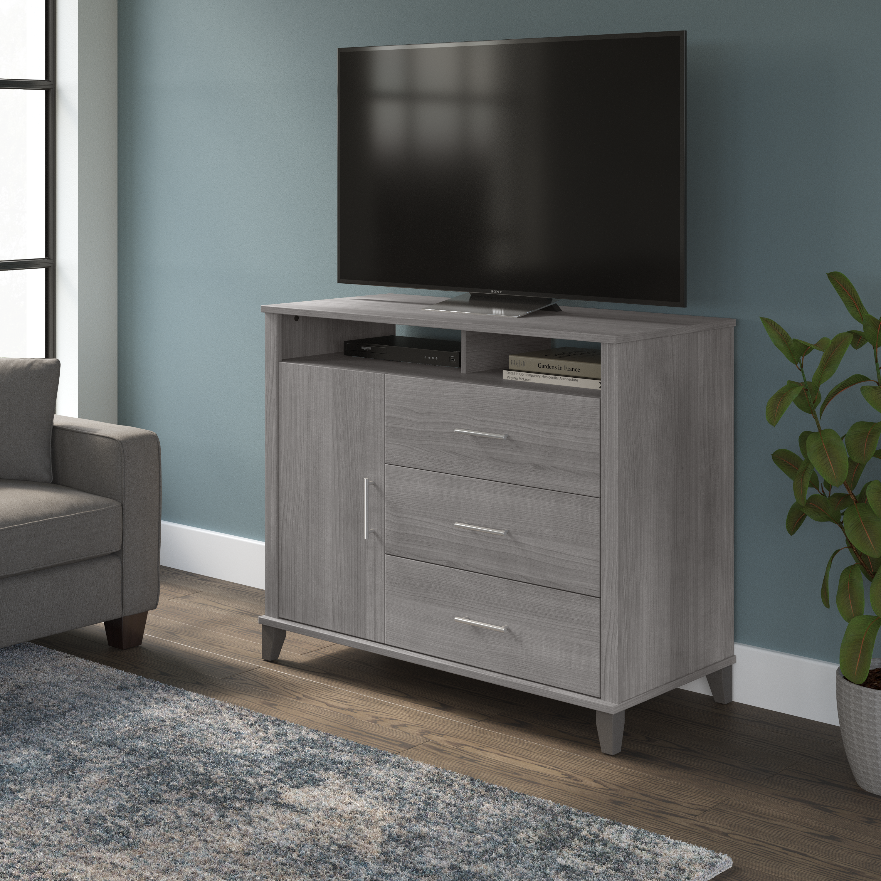 Shop Bush Furniture Somerset Tall TV Stand with Storage 01 STV148PGK-Z #color_platinum gray