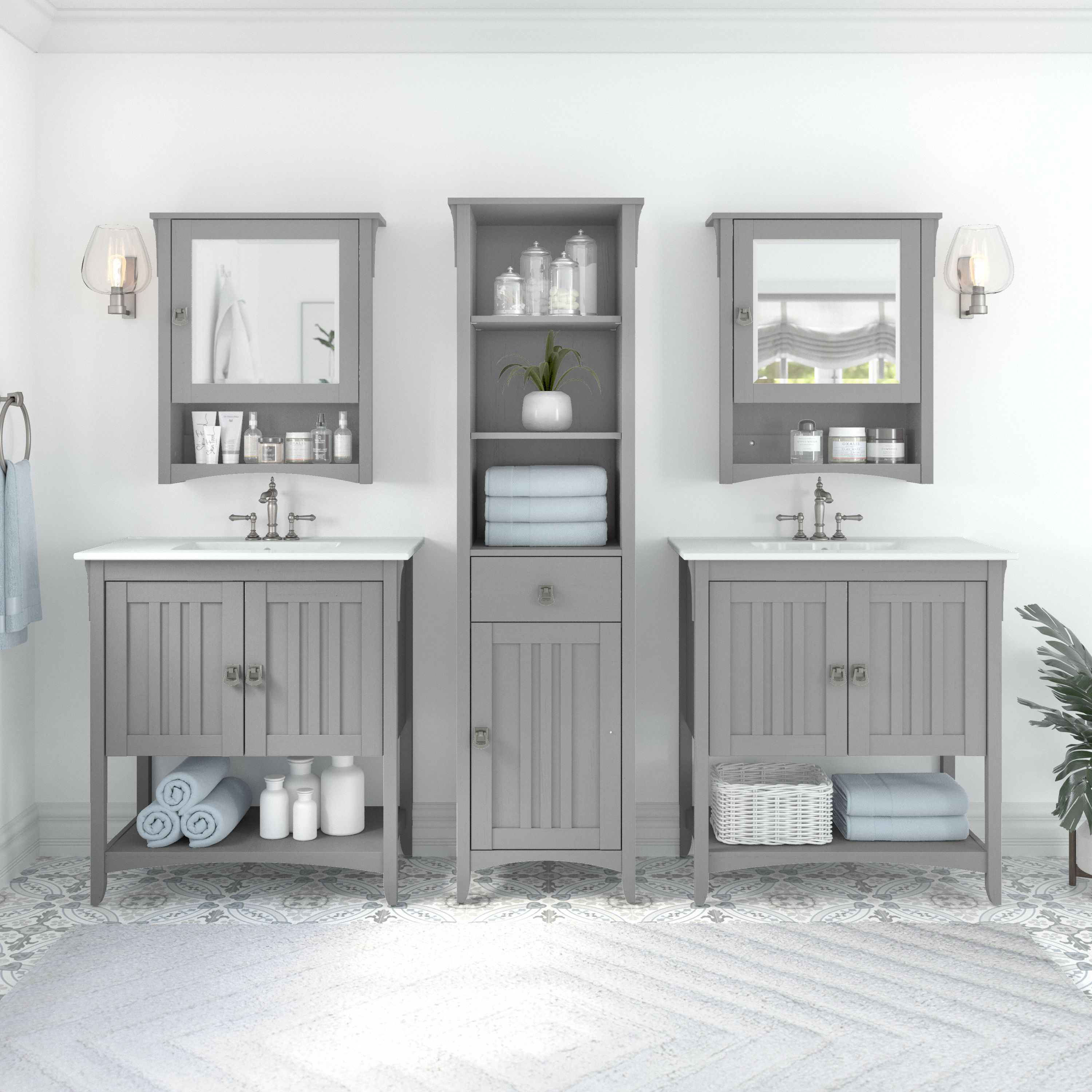 Shop Bush Furniture Salinas 64W Double Vanity Set with Sinks, Medicine Cabinets and Linen Tower 01 SAL035CG #color_cape cod gray