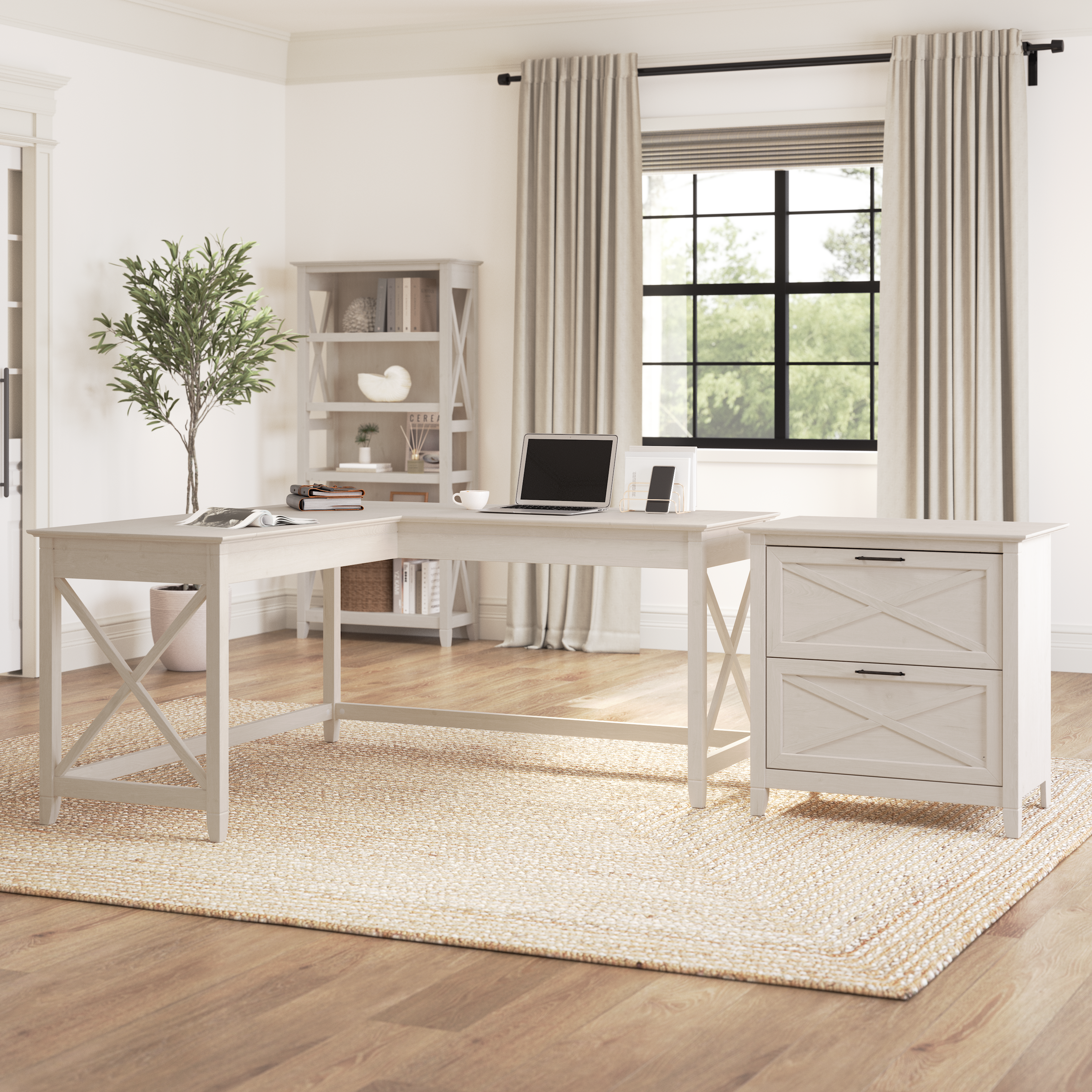 Shop Bush Furniture Key West 60W L Shaped Desk with 2 Drawer Lateral File Cabinet 01 KWS014LW #color_linen white oak