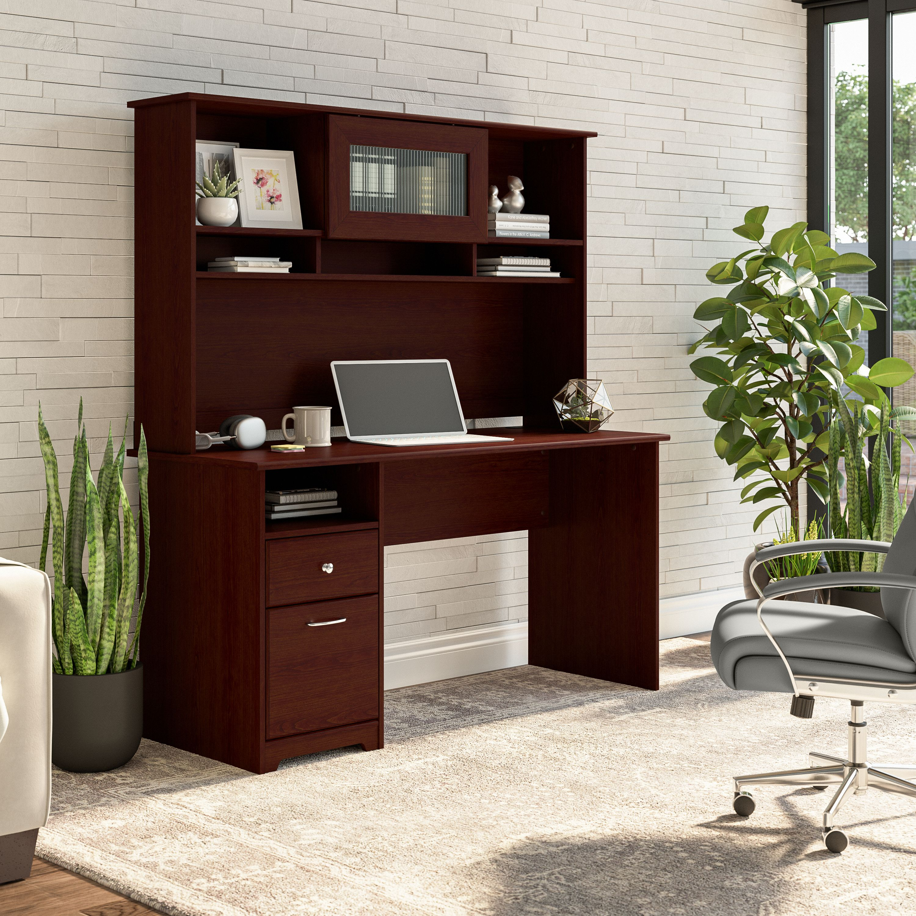 Shop Bush Furniture Cabot 60W Computer Desk with Hutch 01 CAB042HVC #color_harvest cherry