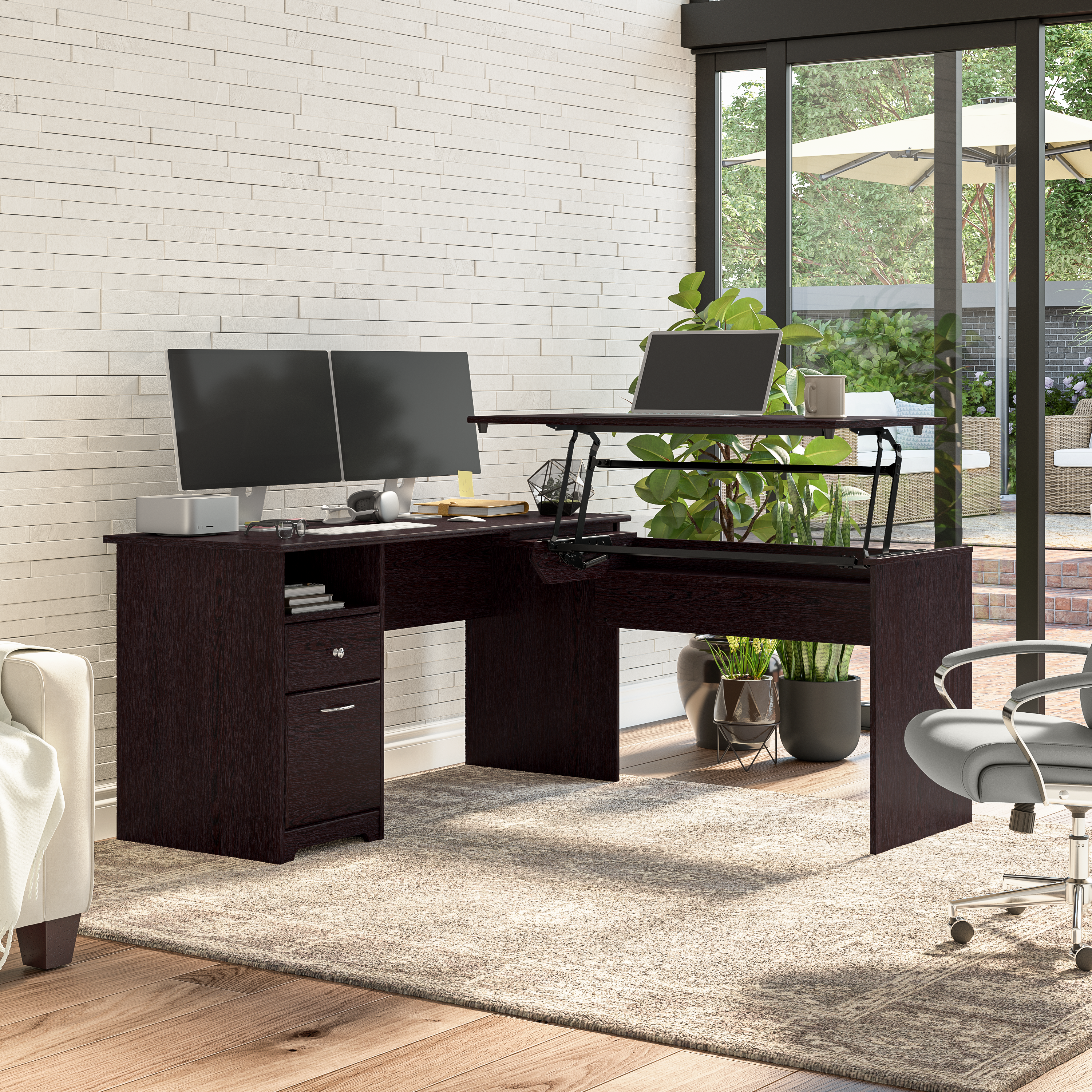 Shop Bush Furniture Cabot 60W 3 Position Sit to Stand L Shaped Desk 01 CAB043EPO #color_espresso oak