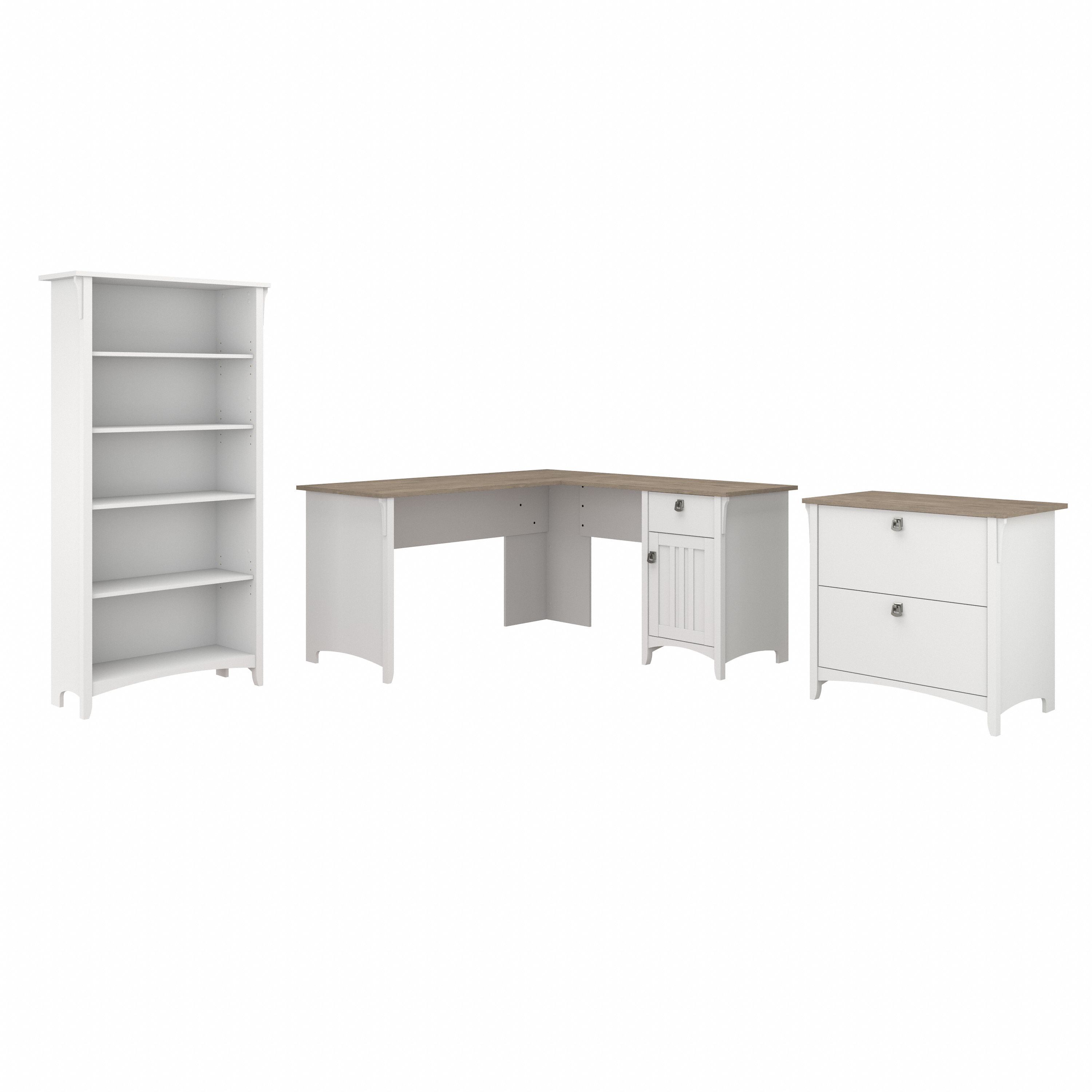 Shop Bush Furniture Salinas 60W L Shaped Desk with Lateral File Cabinet and 5 Shelf Bookcase 02 SAL003G2W #color_shiplap gray/pure white