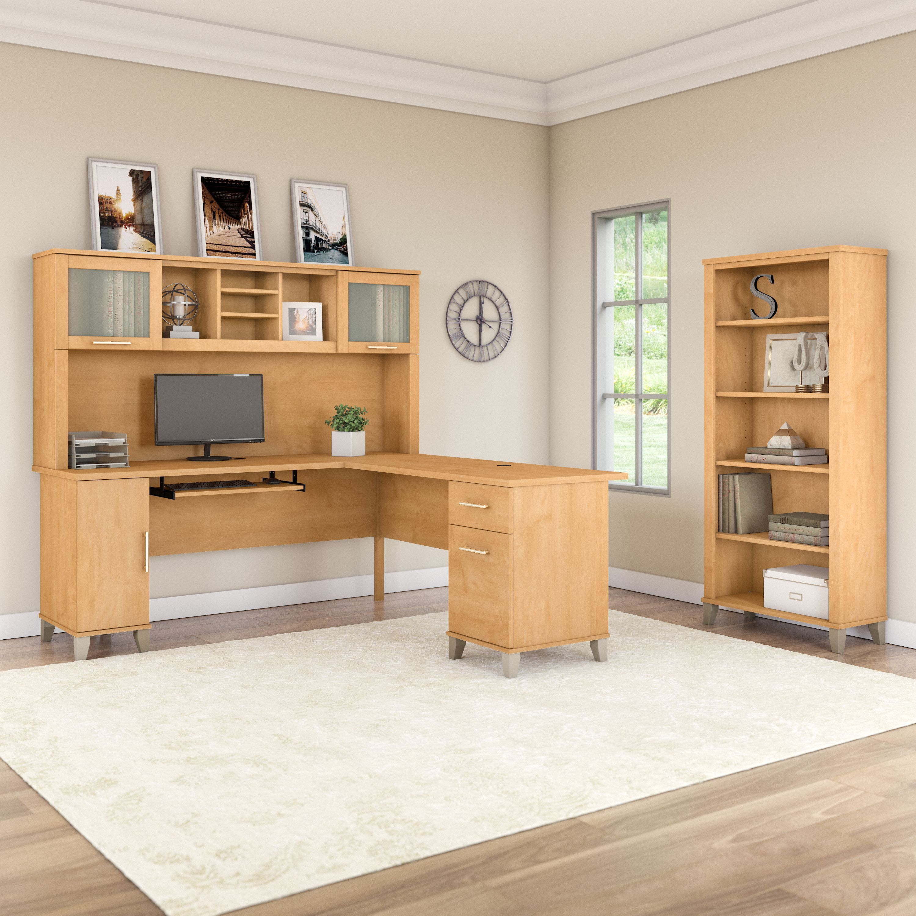 Shop Bush Furniture Somerset 72W L Shaped Desk with Hutch and 5 Shelf Bookcase 01 SET011MC #color_maple cross