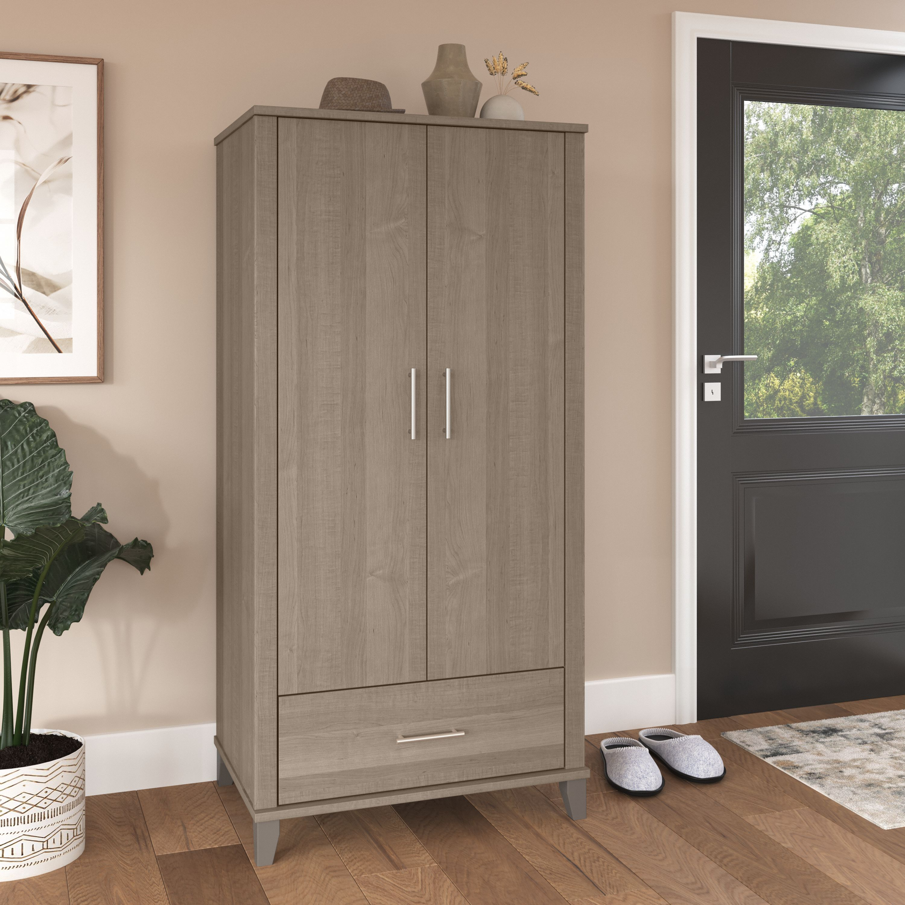 Shop Bush Furniture Somerset Tall Entryway Cabinet with Doors and Drawer 01 STS166AGK-Z1 #color_ash gray