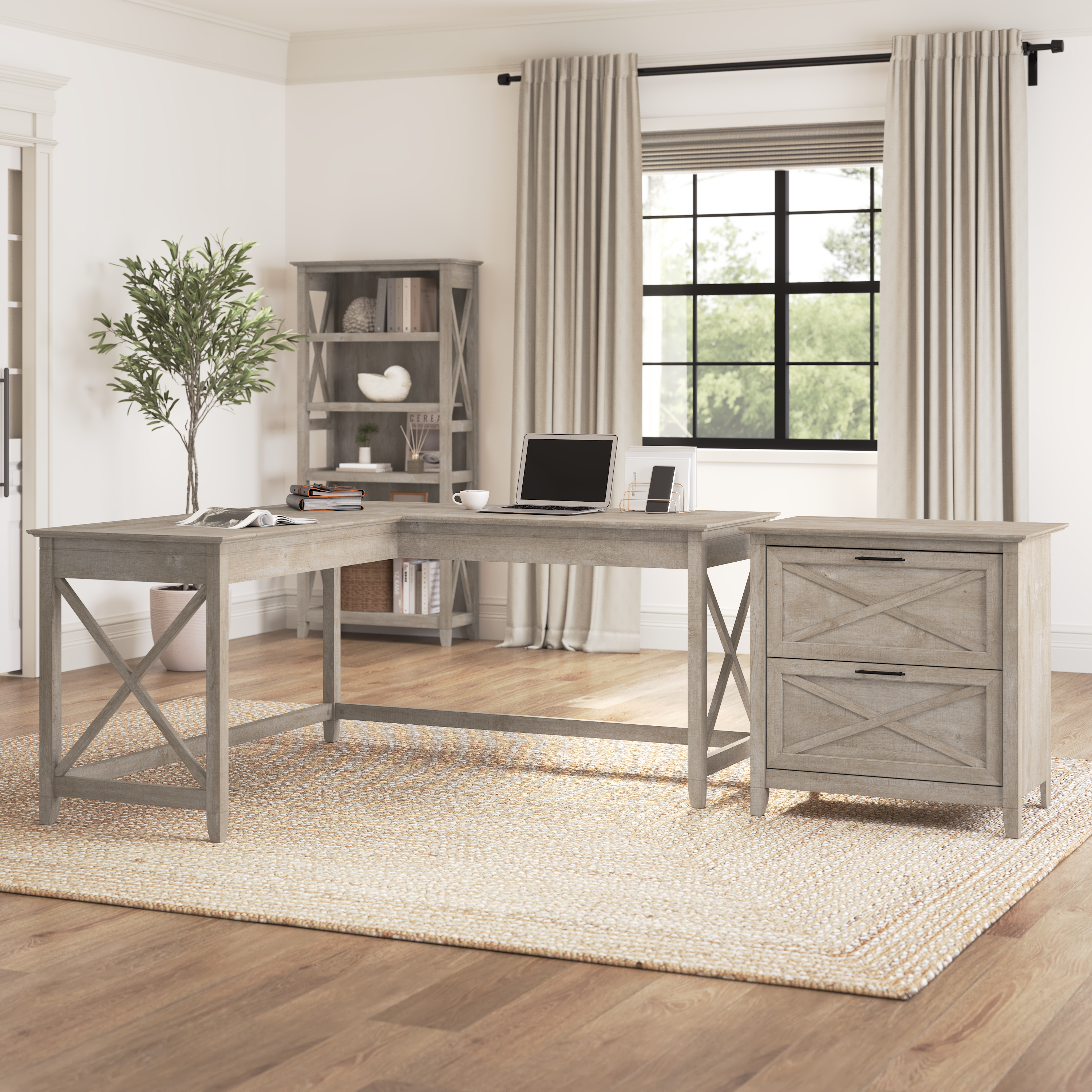 Shop Bush Furniture Key West 60W L Shaped Desk with 2 Drawer Lateral File Cabinet 01 KWS014WG #color_washed gray