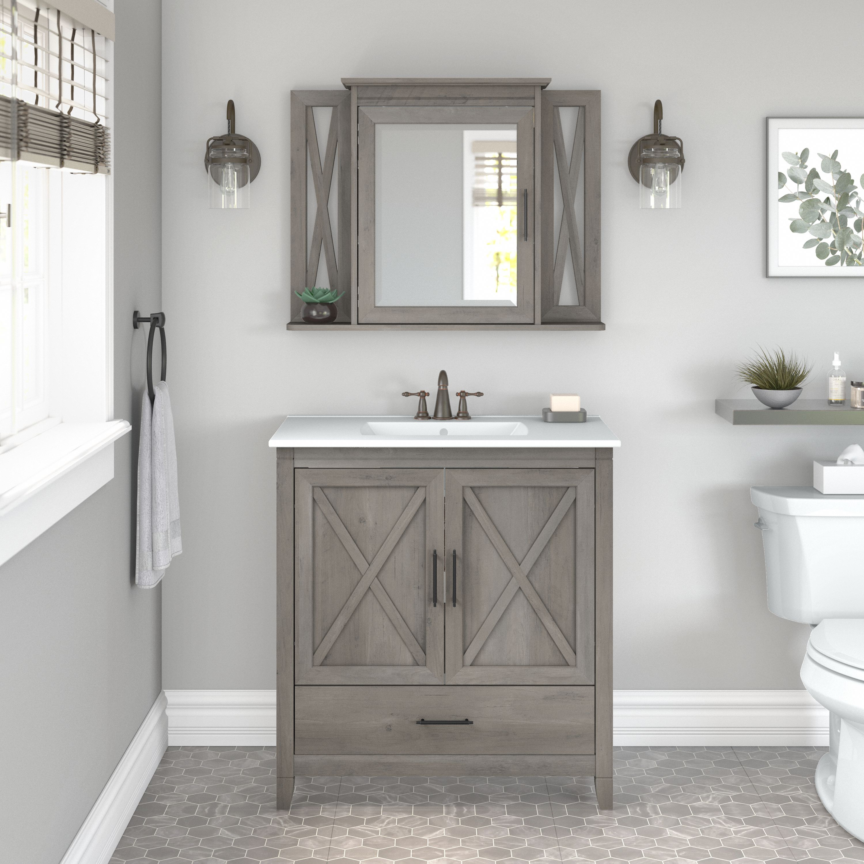 Shop Bush Furniture Key West 32W Bathroom Vanity Sink with Mirror 01 KWS030DG #color_driftwood gray