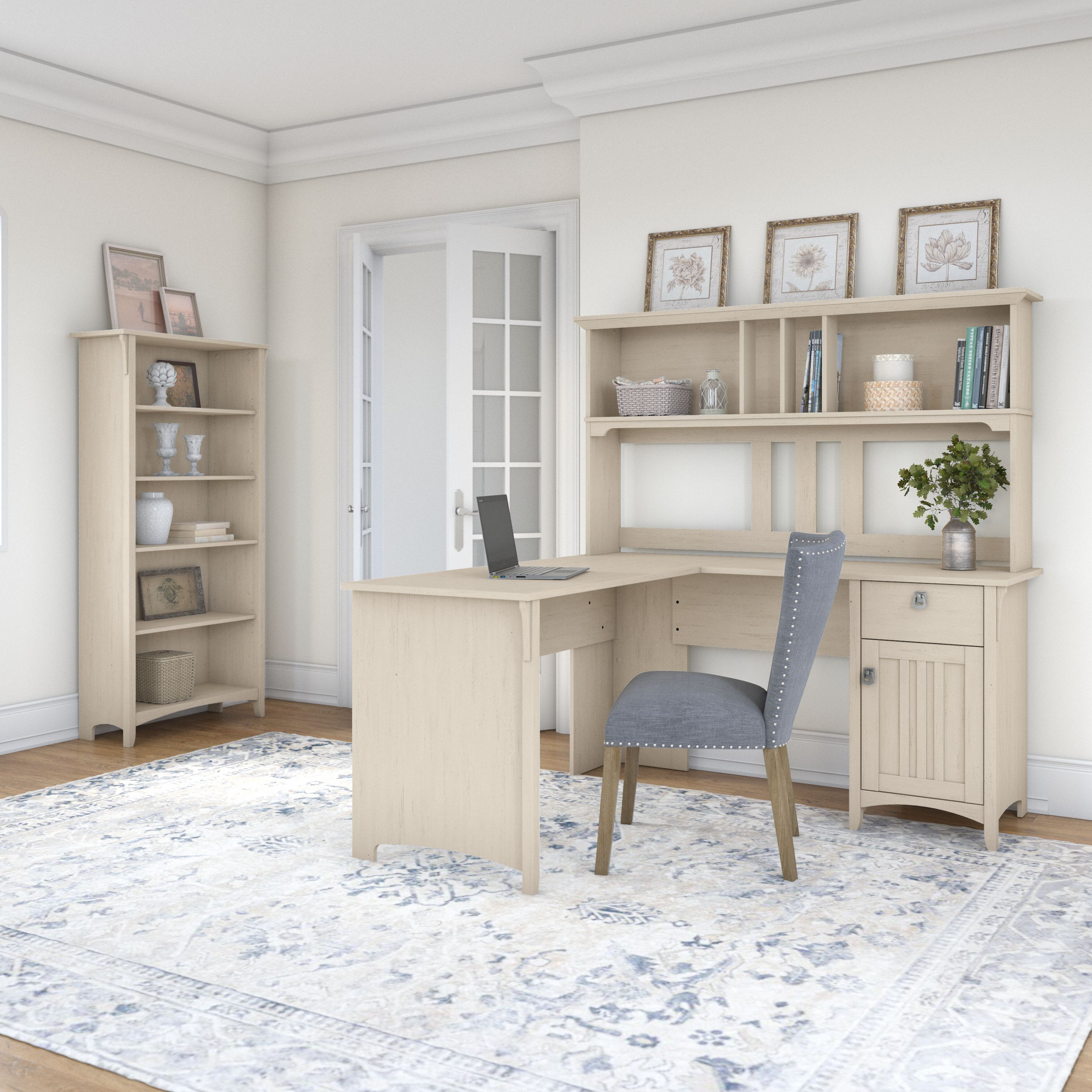 Shop Bush Furniture Salinas 60W L Shaped Desk with Hutch and 5 Shelf Bookcase 01 SAL006AW #color_antique white