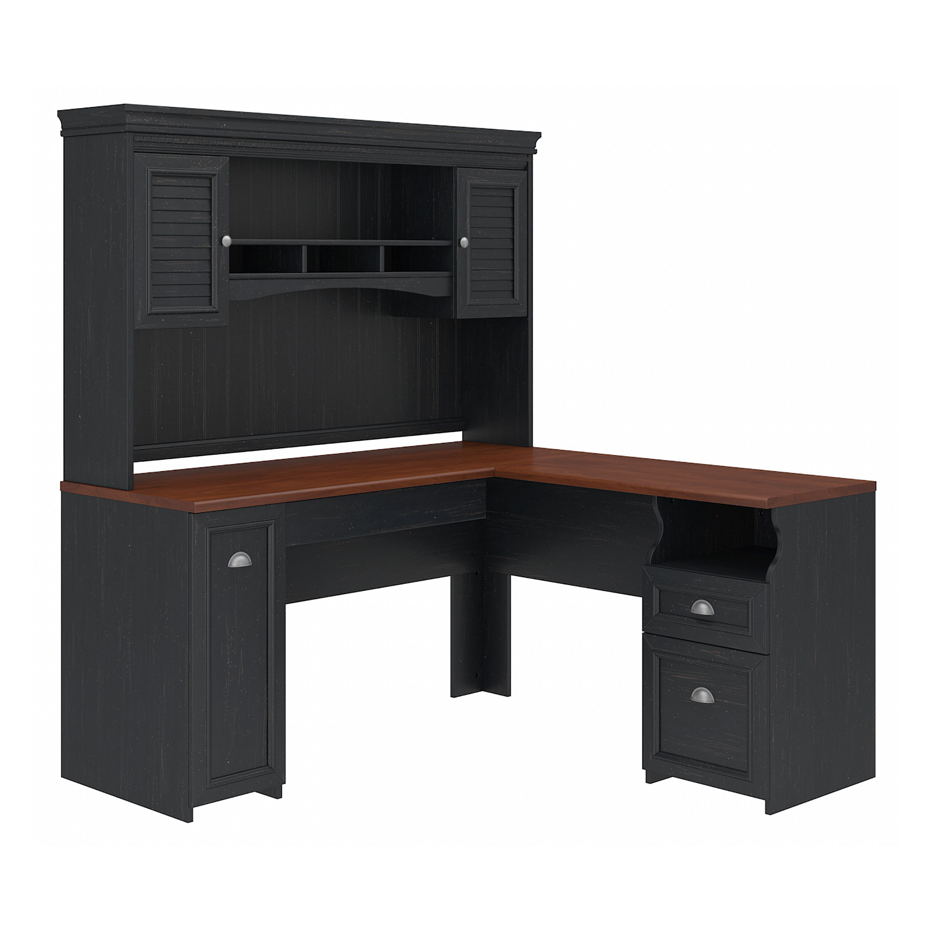 Shop Bush Furniture Fairview 60W L Shaped Desk with Hutch 02 FV004AB #color_antique black/hansen cherry