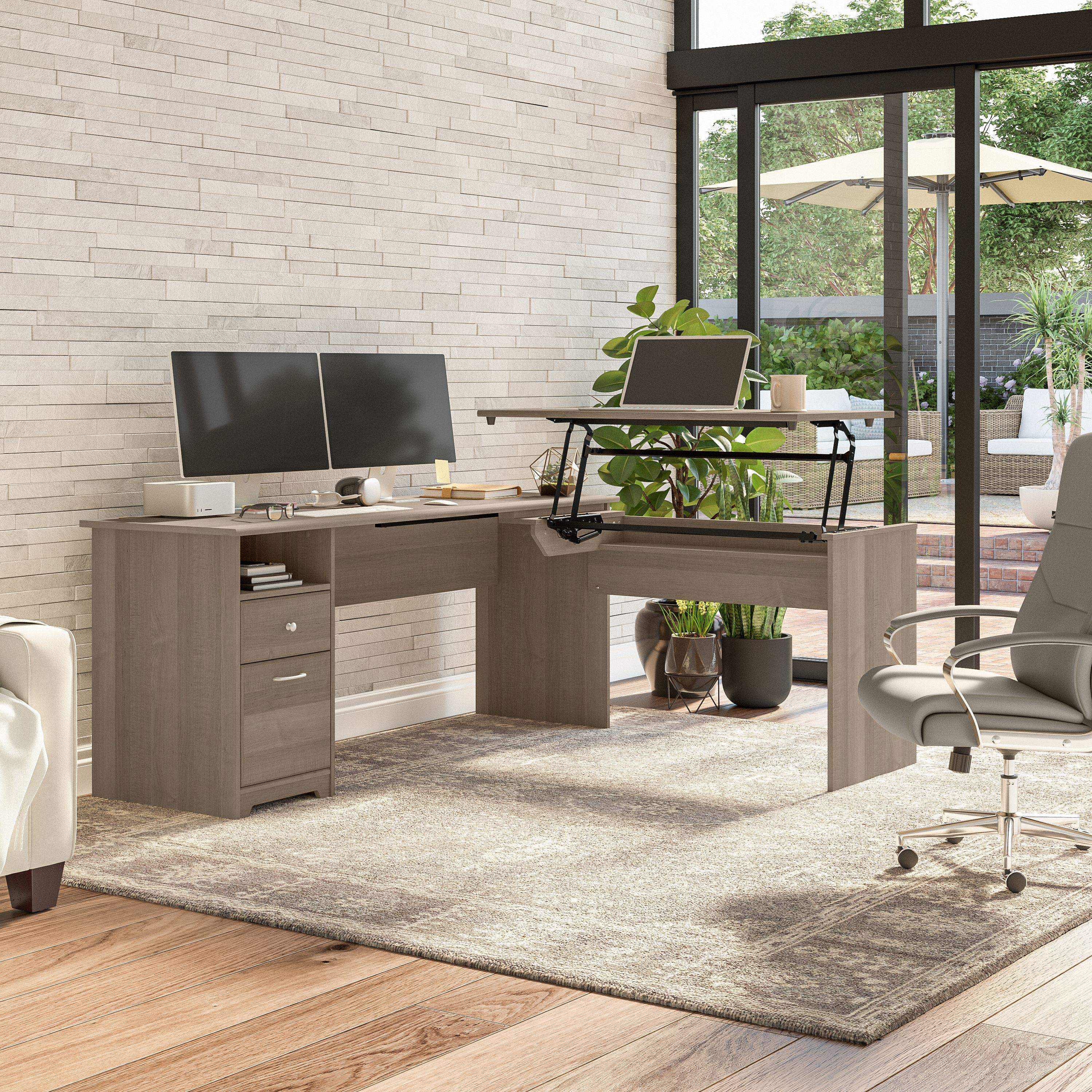 Shop Bush Furniture Cabot 72W 3 Position Sit to Stand L Shaped Desk 01 CAB050AG #color_ash gray