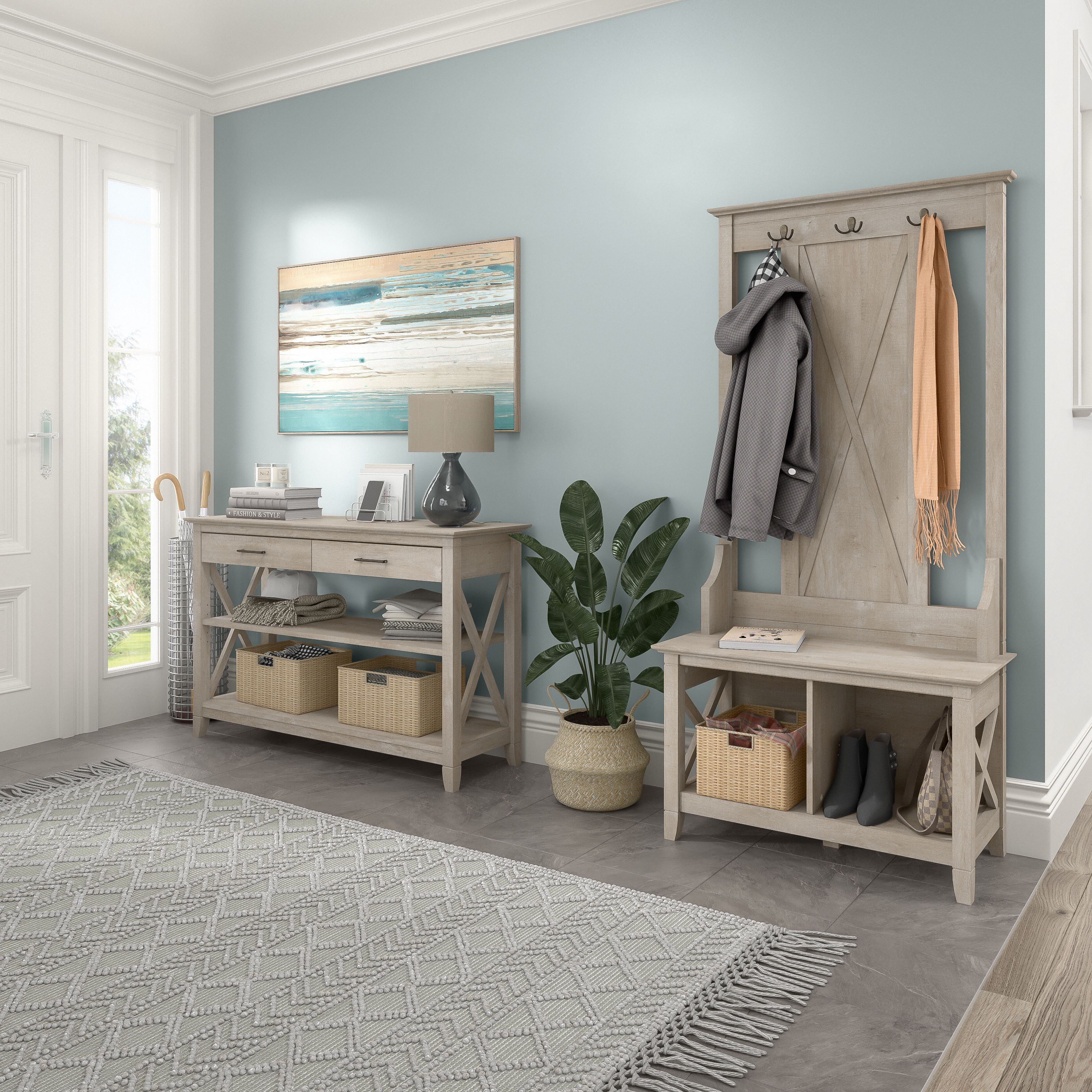 Shop Bush Furniture Key West Entryway Storage Set with Hall Tree, Shoe Bench and Console Table 01 KWS056WG #color_washed gray