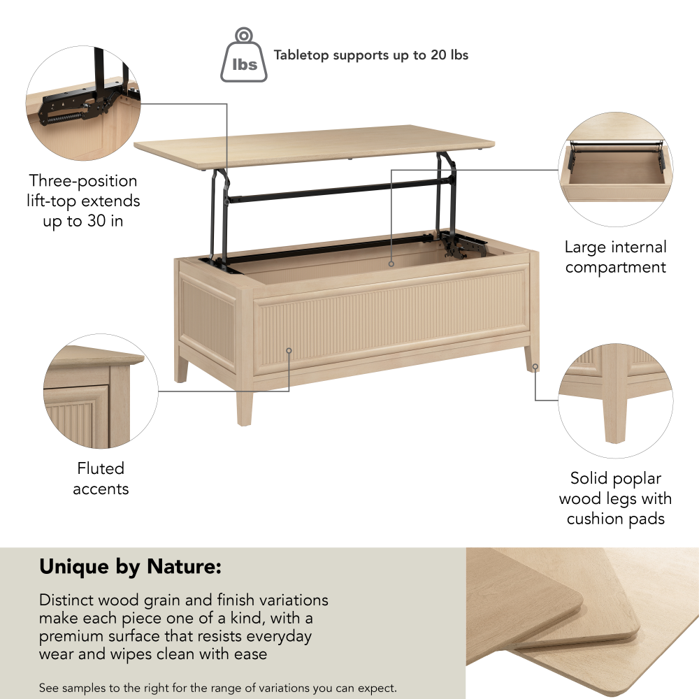 Shop Bush Home Camille 47W Fluted Lift Top Coffee Table with Storage, Image 08, CMT147NB-03, #color_natural birch