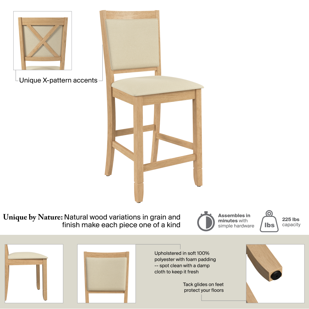 Shop Bush Home Key West Upholstered Cross Back Dining Counter Stool, Image 06, KWCH02BO-03, #color_blonde oak/bright beige