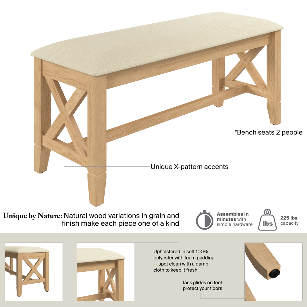 Shop Bush Home Key West 44W Upholstered Entryway Bench, Image 06, KWCH03BO-Z, #color_blonde oak/bright beige