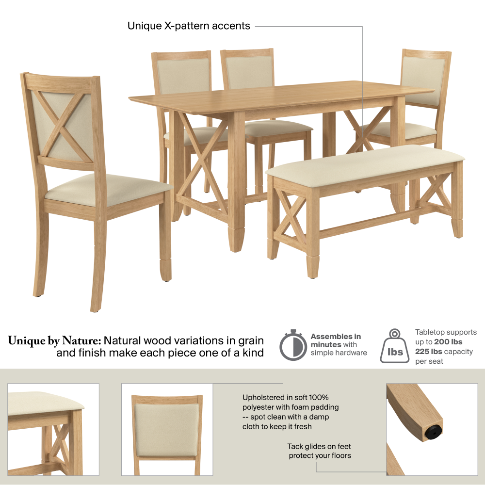 Shop Bush Home Key West 70W Cross Base Dining Table with 2 Upholstered Cross Back Chairs and 2 Benches, Image 06, KWS114BO, #color_blonde oak/bright beige