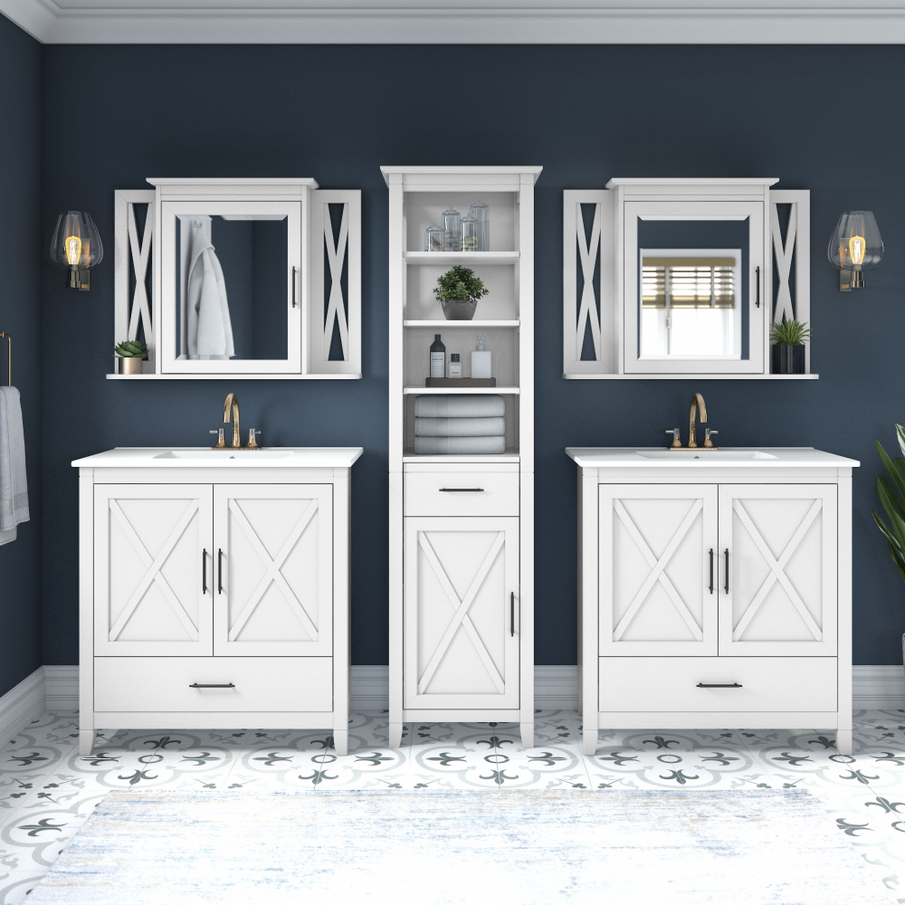 Shop Bush Furniture Key West 64W Double Vanity Set with Sinks, Medicine Cabinets and Linen Tower, Image 02, KWS044WAS, #color_white ash