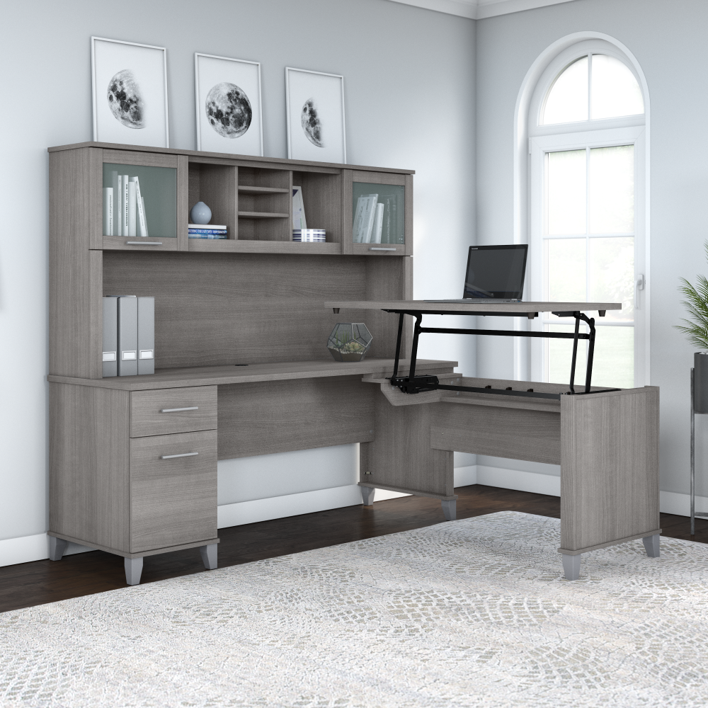 Shop Bush Furniture Somerset 72W 3 Position Sit to Stand L Shaped Desk with Hutch, Image 02, SET015PG, #color_platinum gray