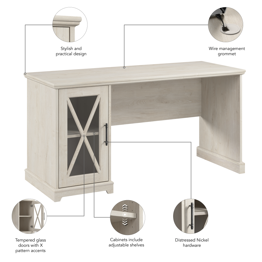 Shop Bush Furniture Lennox 60W Farmhouse Desk with Storage Cabinet, Image 09, LED260LW-03, #color_linen white oak