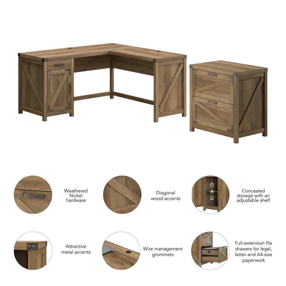 Shop Bush Furniture Knoxville 60W L Shaped Desk with 2 Drawer Lateral File Cabinet, Image 06, CGR004RCP, #color_reclaimed pine