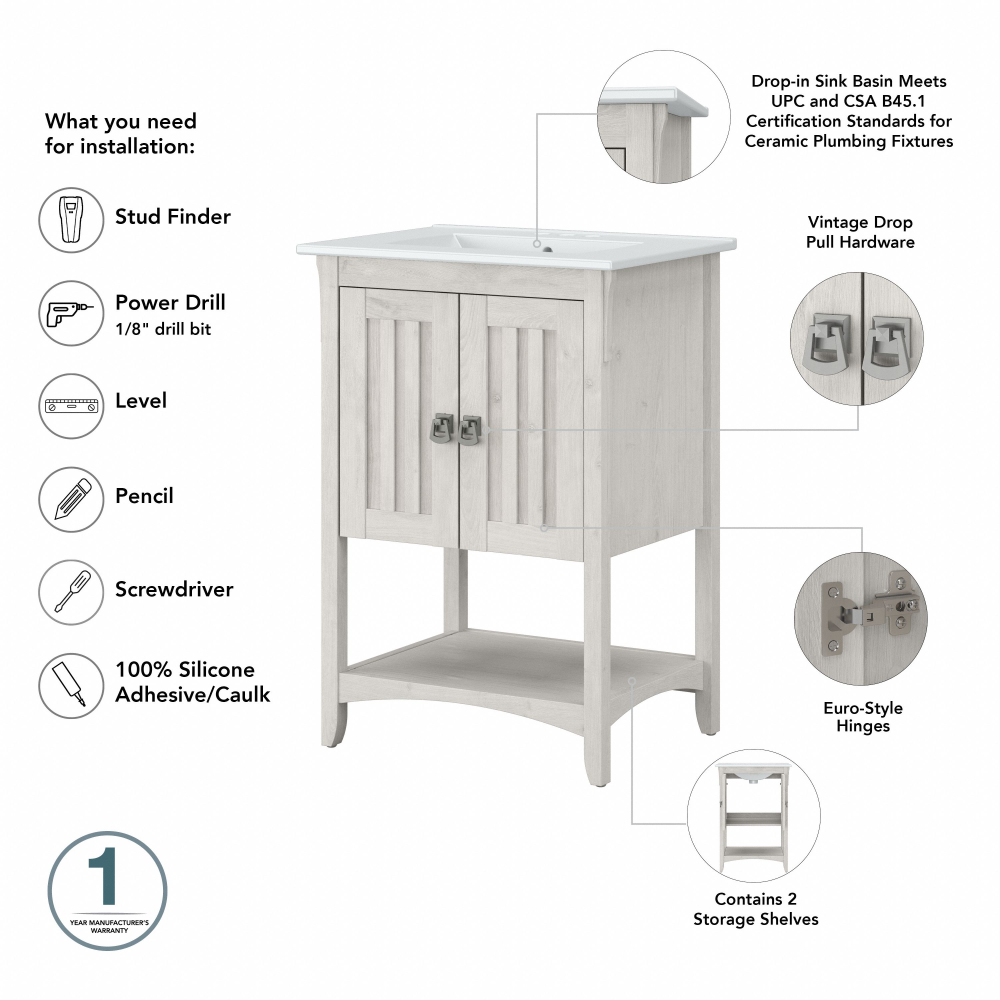 Shop Bush Furniture Salinas 24W Bathroom Vanity with Sink, Image 08, SAVN124LW-03K, #color_linen white oak