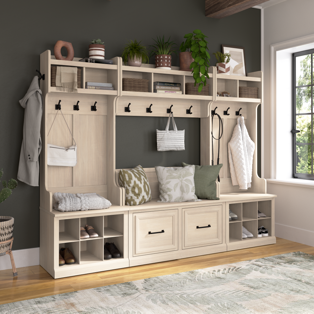 Shop Bush Furniture Woodland 40W Wall Mounted Coat Rack with Shelf, Image 04, WDH340WM-03, #color_white washed maple