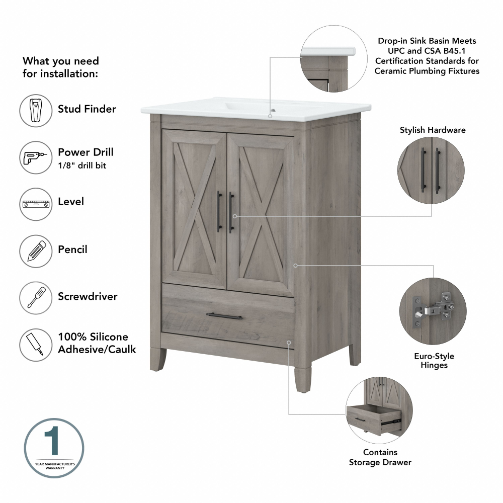 Shop Bush Furniture Key West 24W Bathroom Vanity Sink with Mirror, Image 06, KWS029DG, #color_driftwood gray