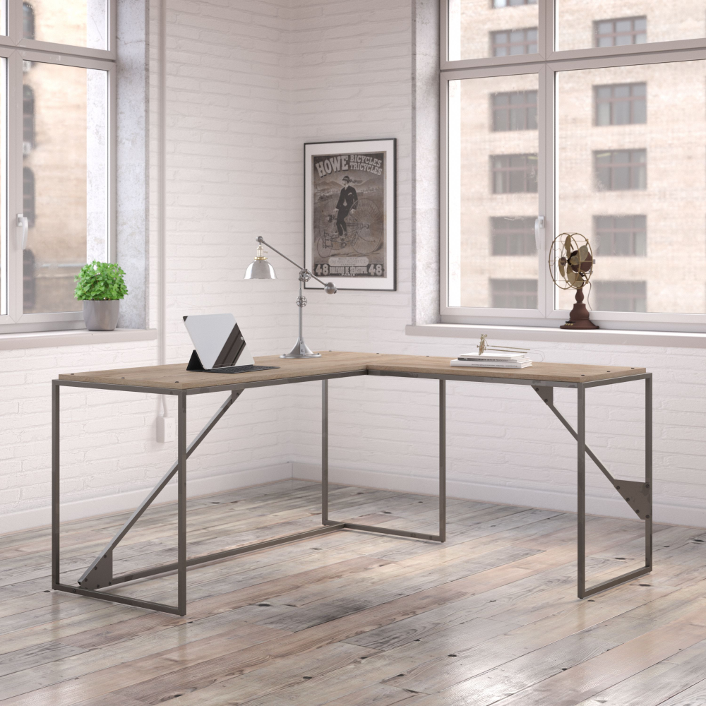 Shop Bush Furniture Refinery 62W L Shaped Industrial Desk, Image 02, RFY003RG, #color_rustic gray/charred wood