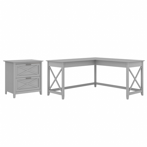 Shop Bush Furniture Key West 60W L Shaped Desk with 2 Drawer Lateral File Cabinet, Image 01, KWS014CG, #color_cape cod gray