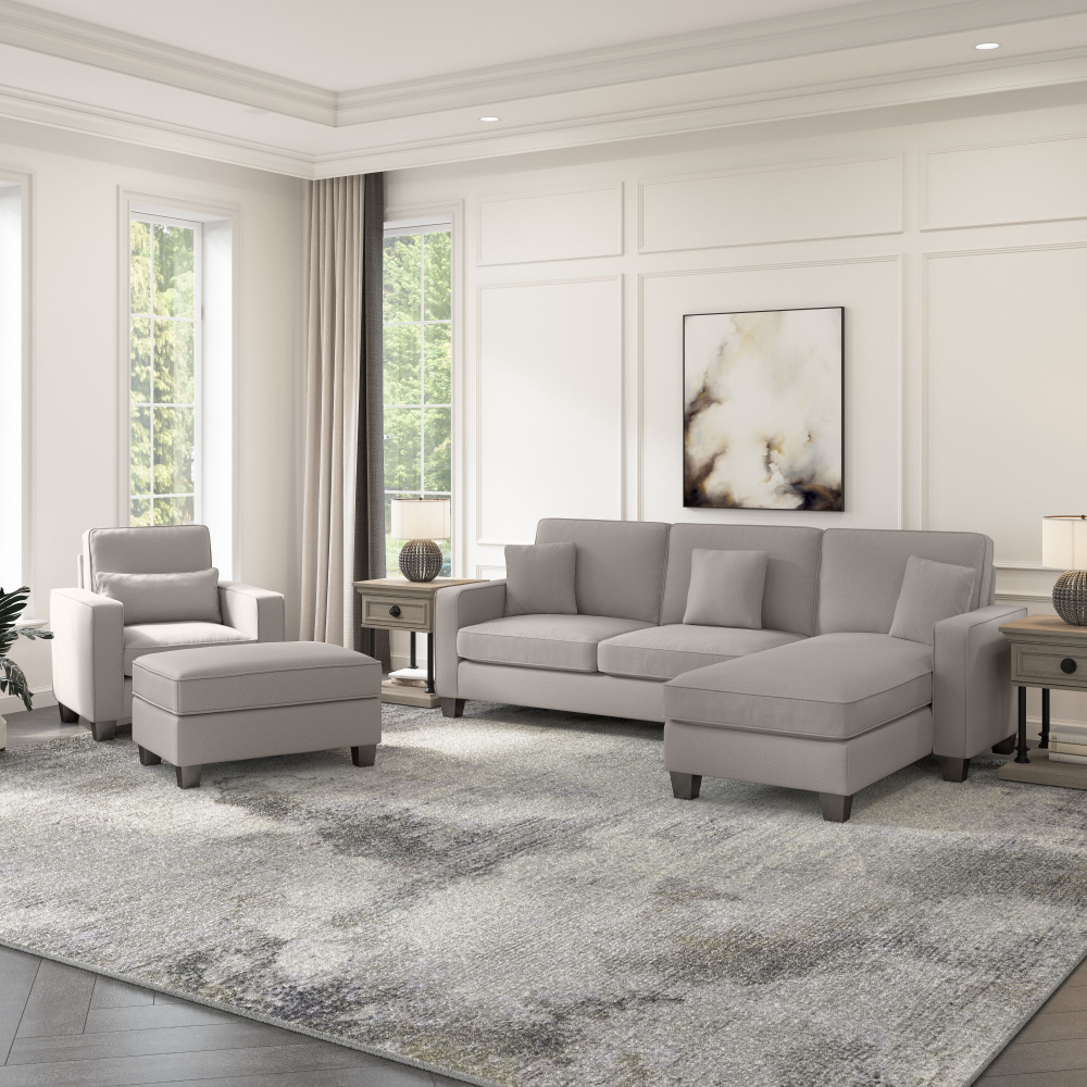 Shop Bush Furniture Stockton 102W Sectional Couch with Reversible Chaise Lounge, Accent Chair, and Ottoman, Image 02, SKT021BGH, #color_beige herringbone fabric