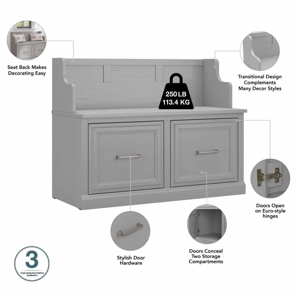 Shop Bush Furniture Woodland 40W Entryway Bench with Doors and Wall Mounted Coat Rack, Image 08, WDL009CG, #color_cape cod gray