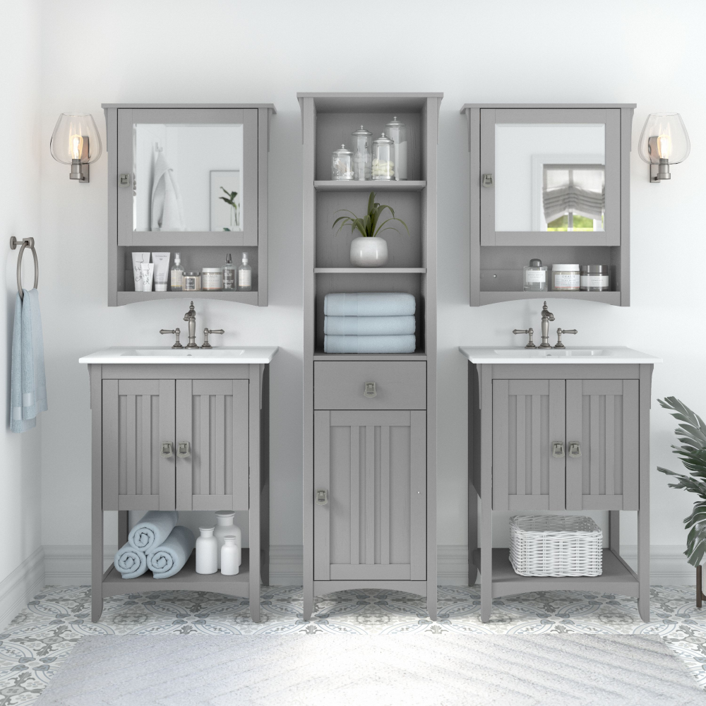 Shop Bush Furniture Salinas 48W Double Vanity Set with Sinks, Medicine Cabinets and Linen Tower, Image 02, SAL034CG, #color_cape cod gray