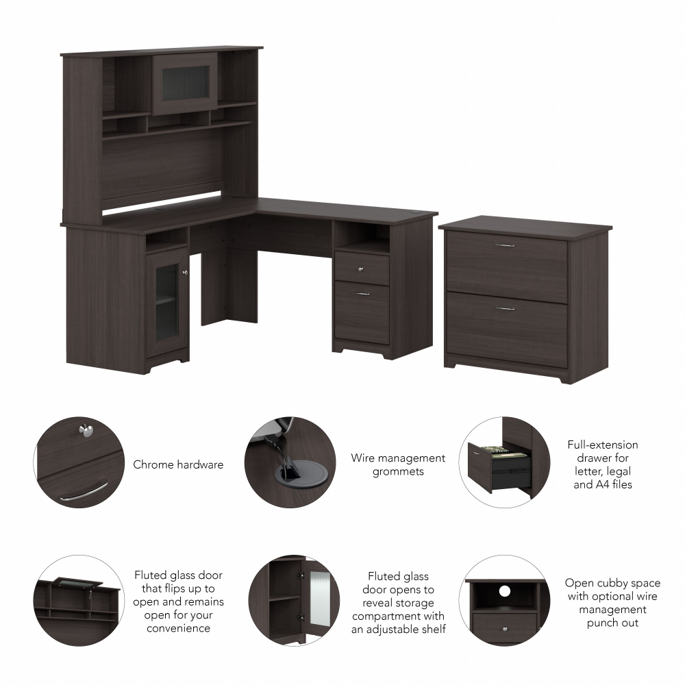 Shop Bush Furniture Cabot 60W L Shaped Computer Desk with Hutch and Lateral File Cabinet, Image 06, CAB005HRG, #color_heather gray