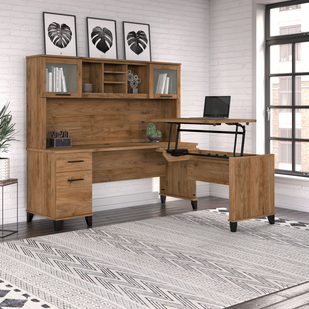 Shop Bush Furniture Somerset 72W 3 Position Sit to Stand L Shaped Desk with Hutch, Image 02, SET015FW, #color_fresh walnut