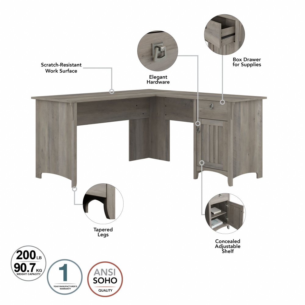 Shop Bush Furniture Salinas 60W L Shaped Desk with Mid Back Tufted Office Chair, Image 06, SAL010DG, #color_driftwood gray