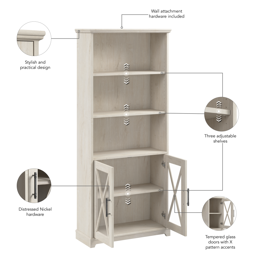 Shop Bush Furniture Lennox Farmhouse 5 Shelf Bookcase with Glass Doors - Set of 2, Image 07, LEN001LW, #color_linen white oak
