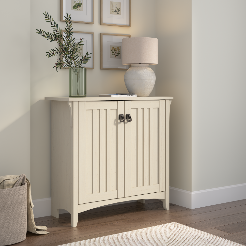 Shop Bush Furniture Salinas Small Storage Cabinet with Doors and Shelves, Image 02, SAS632AW-03, #color_antique white
