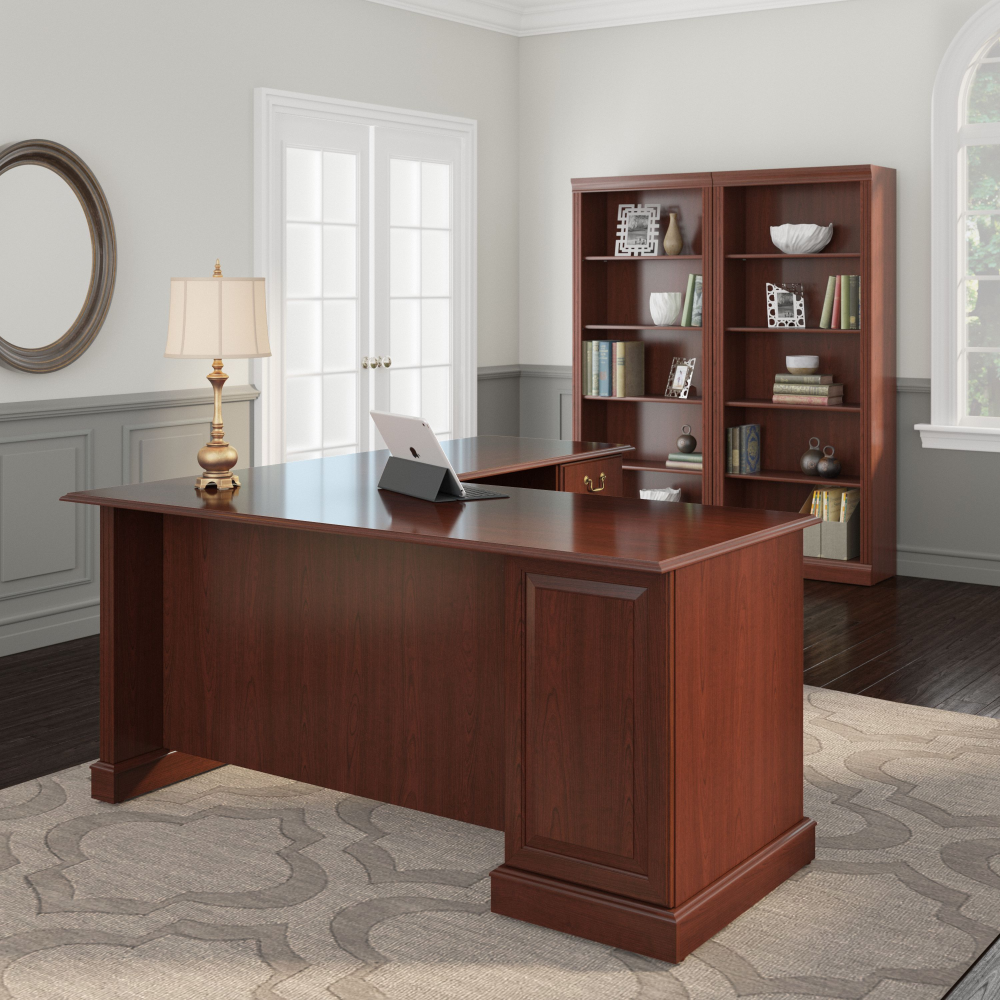 Shop Bush Furniture Saratoga L Shaped Computer Desk and Bookcase Set, Image 02, SAR005CS, #color_harvest cherry